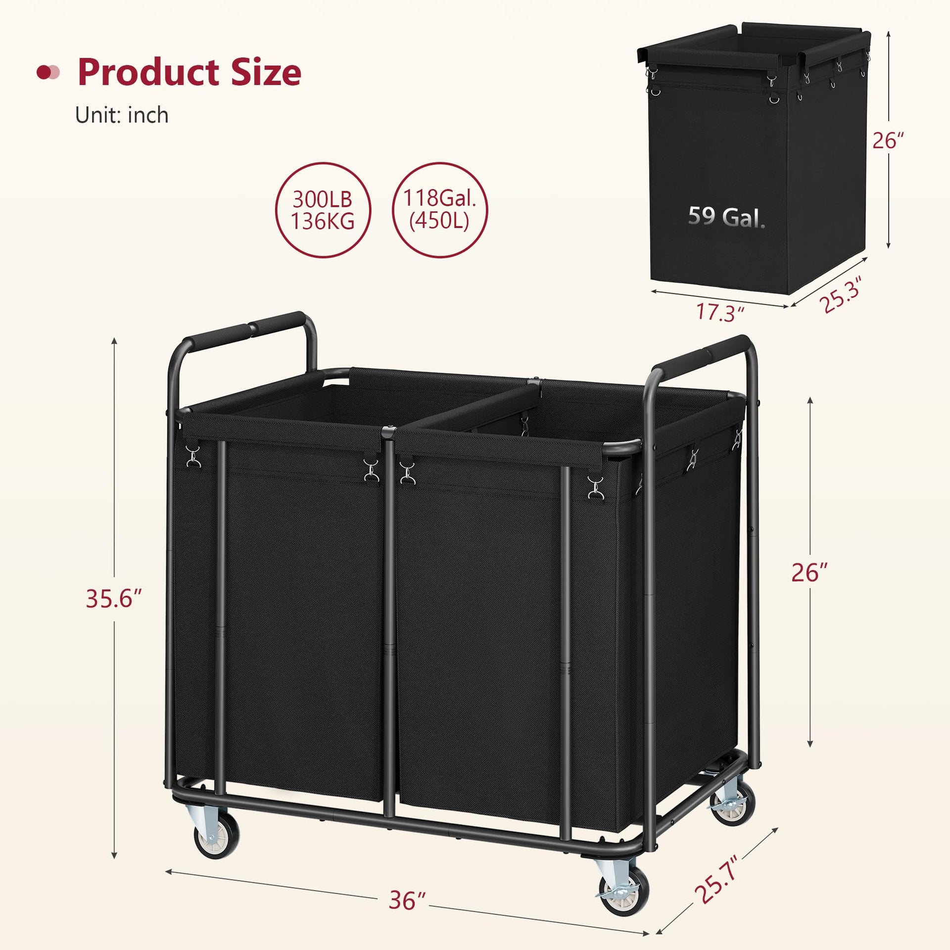 2 Section Heavy Duty Laundry Sorter Cart with Wheels 450L