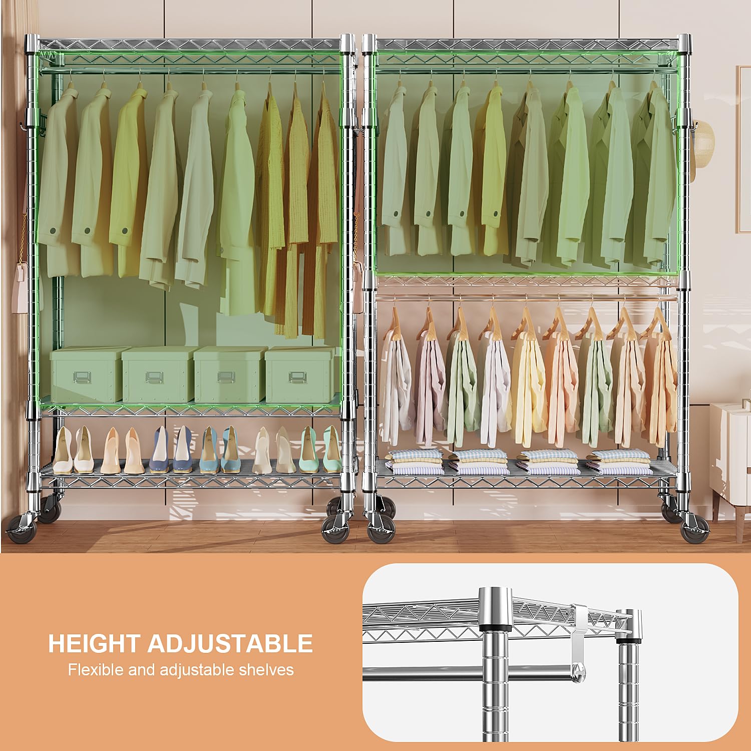 Heavy Duty Rolling Garment Rack 3 Tiers Adjustable Wire Shelving Clothes Rack with 2 Rods and Side Hooks