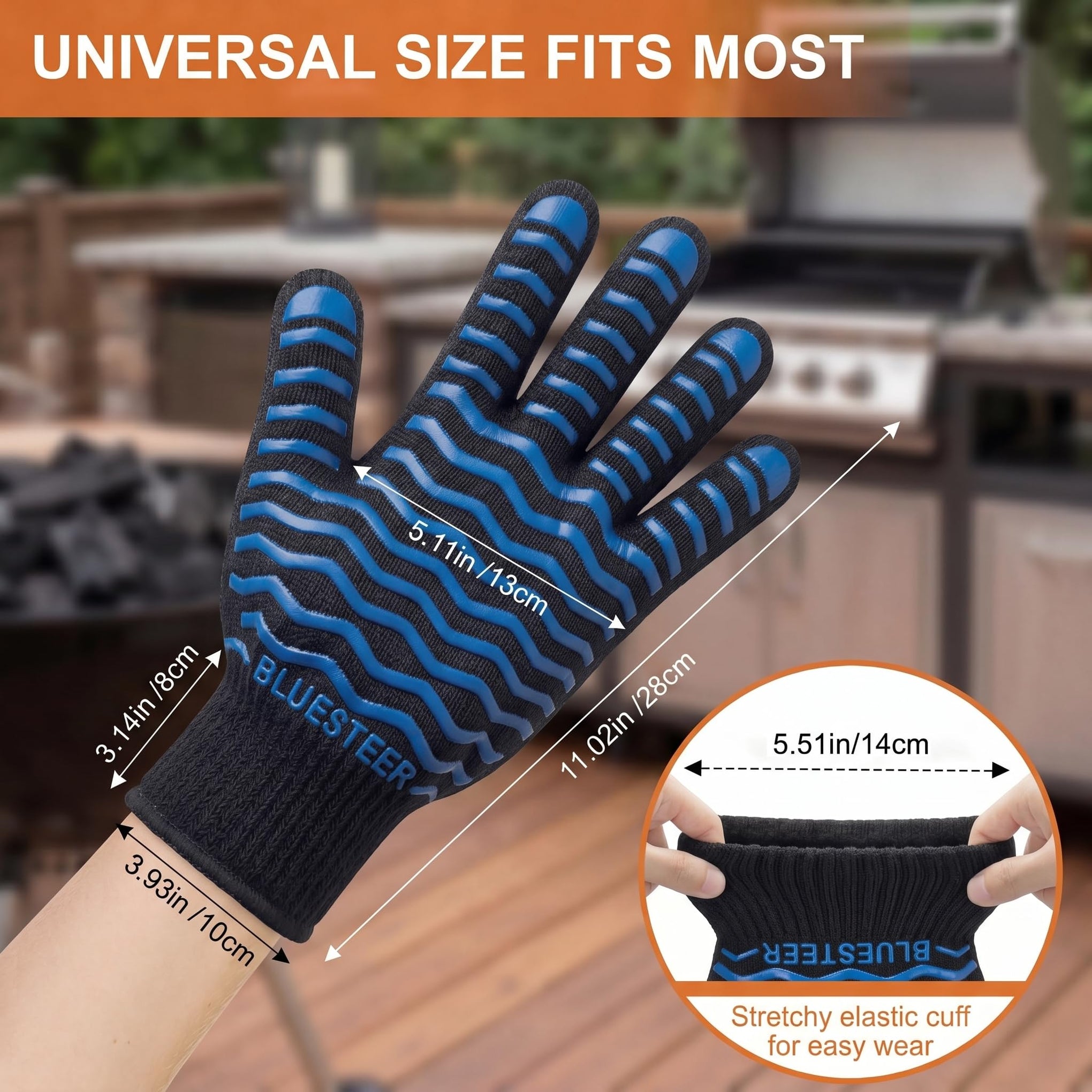 BBQ Gloves 1472°F Heat Resistant Oven Gloves with Fingers Heat Proof Grill Gloves Non (9.6 Ounce)