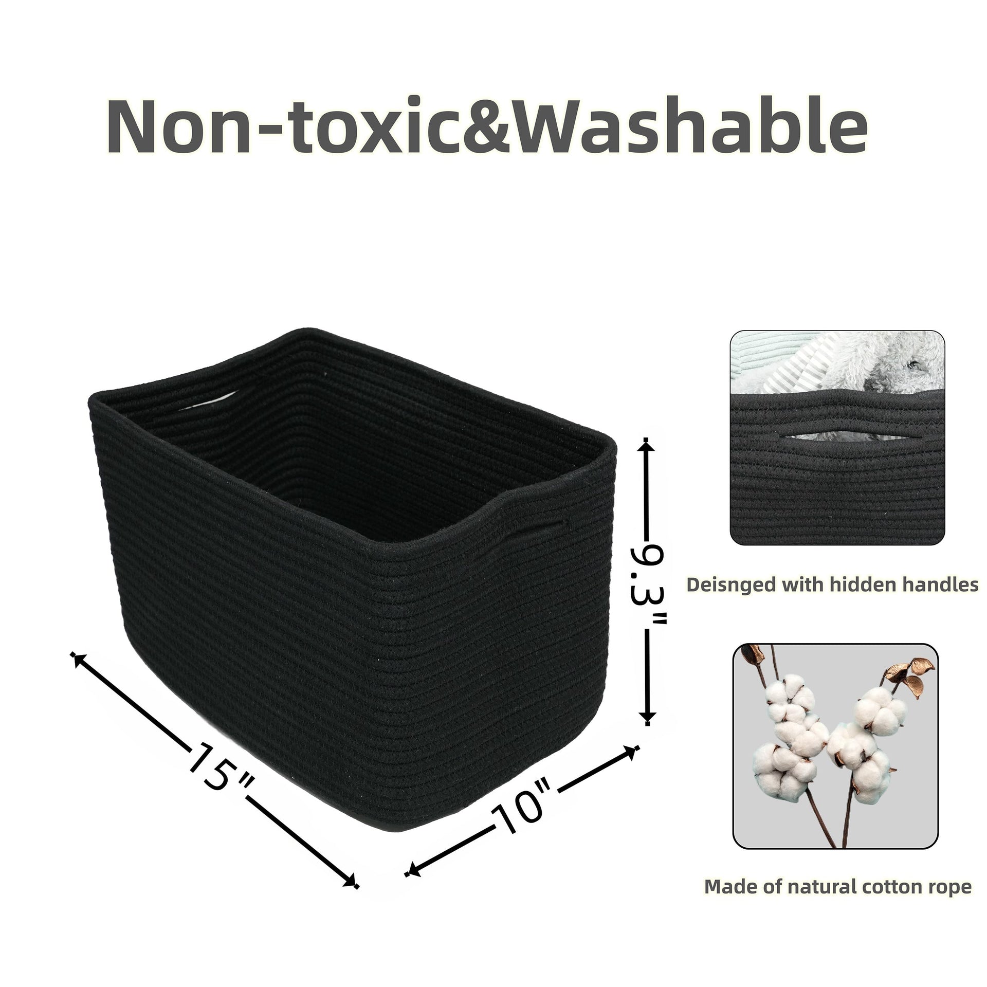Woven Cotton Rope Storage Baskets 15x10x9.3" 3 Pack Black