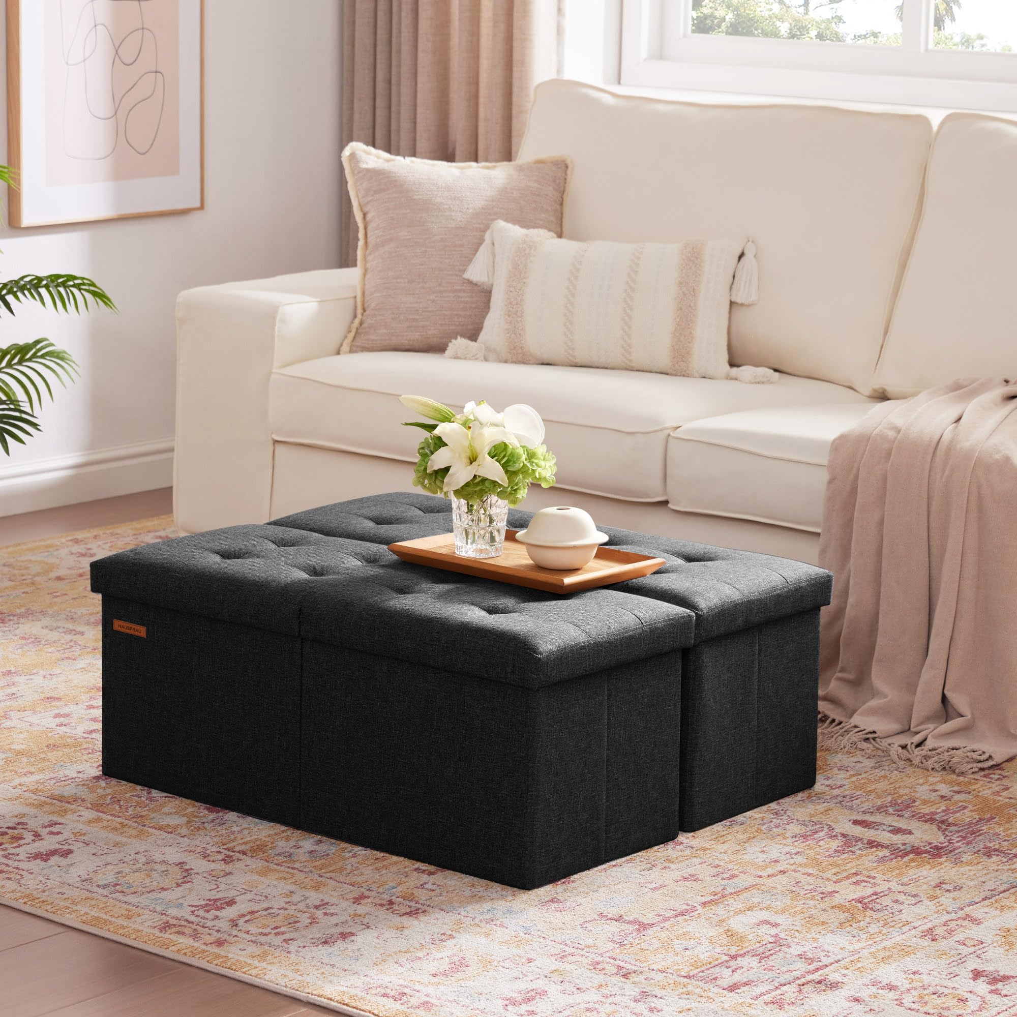 Ottoman with Storage Bench Folding Foot Rest Stool Linen Black