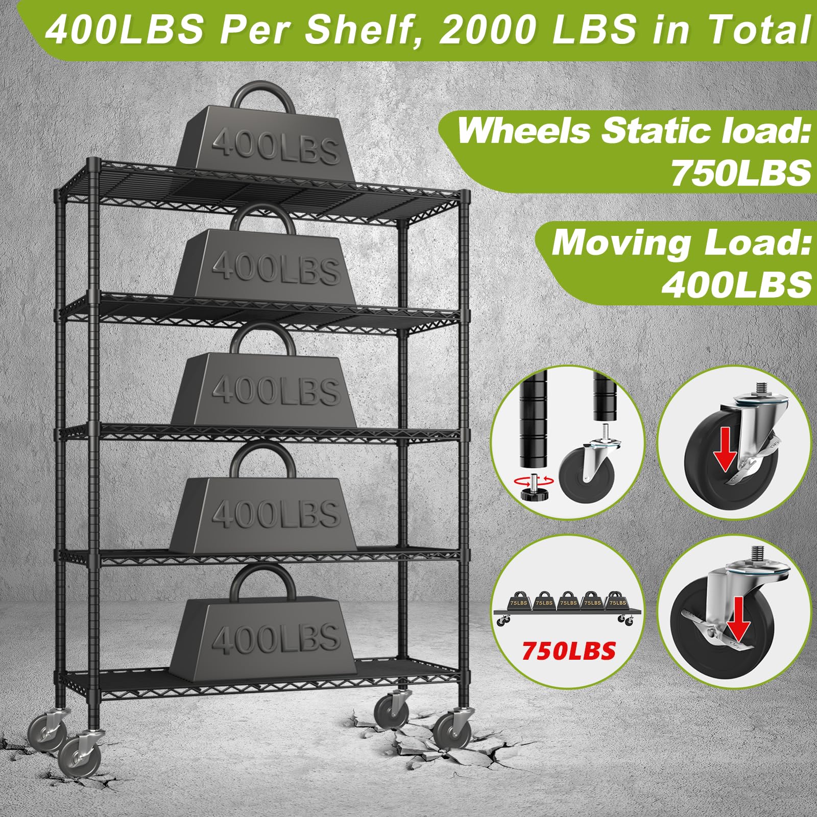 45" W x 20" D x 72" H Wire Shelving Unit with Lockable Wheels