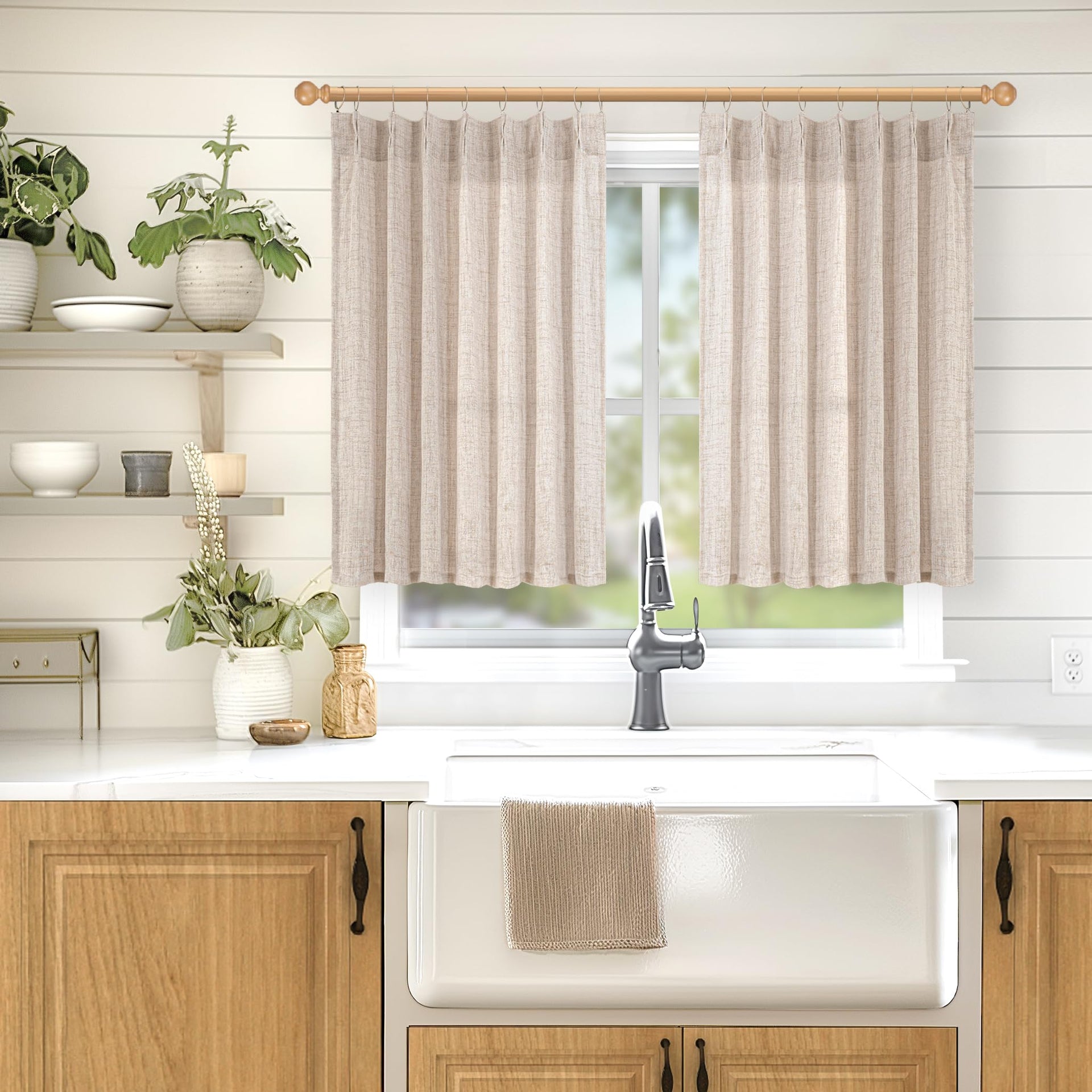 Short Natural Linen Curtains 45 Inch Length 2 Panels Pinch Pleated Light Filtering Textured Window Drapes for Bedroom Kitchen Cafe Privacy Back Tab