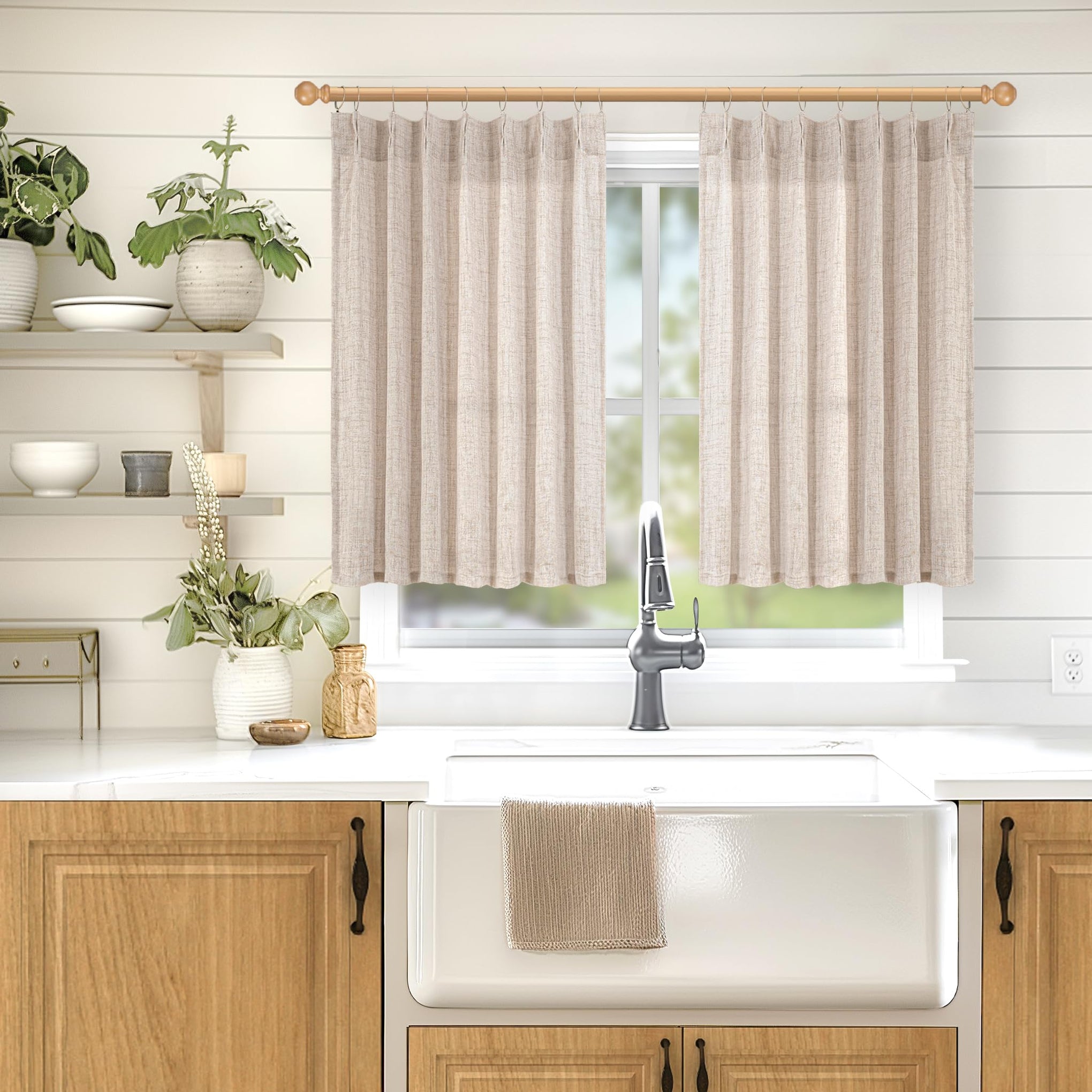 Short Natural Linen Curtains 45 Inch Length 2 Panels Pinch Pleated Light Filtering Textured Window Drapes for Bedroom Kitchen Cafe Privacy Back Tab