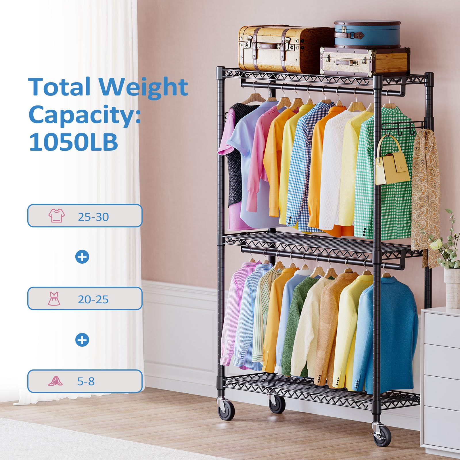Heavy Duty Rolling Garment Rack Wire Clothes Rack for Hanging Clothes
