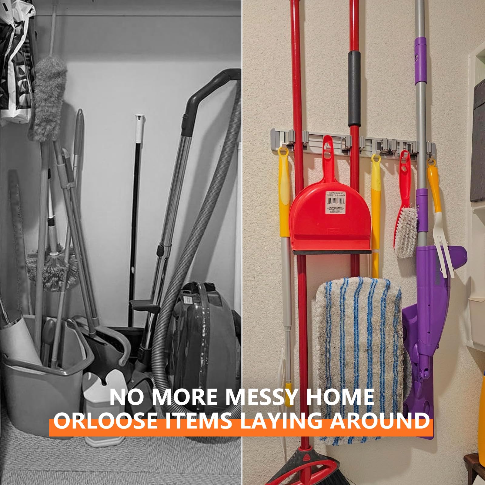 Broom Holder Wall Mount Mop Hanger Tools organizer 5Racks4Hooks