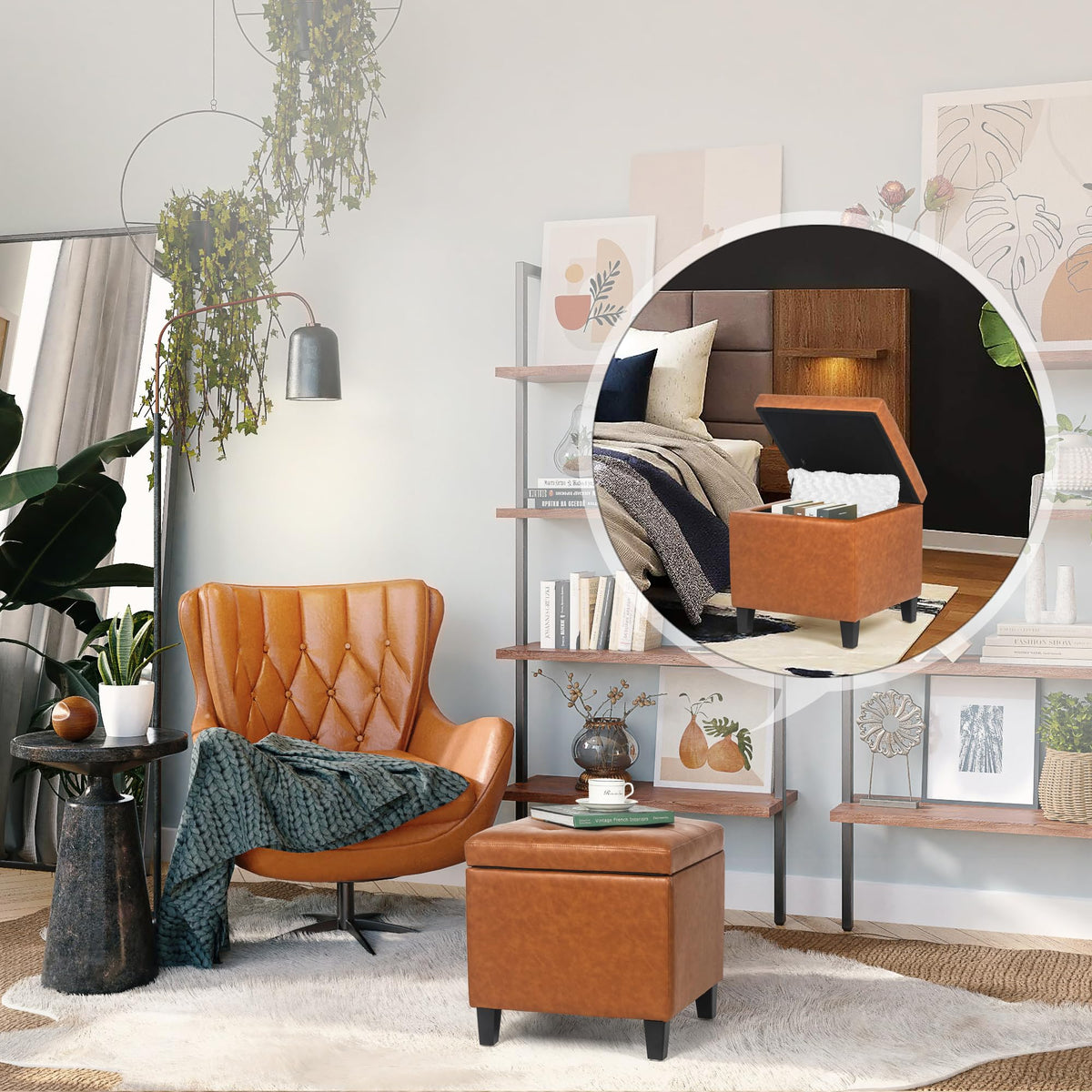 17.7" Leather Cube Storage Orange Ottomans for Living Room