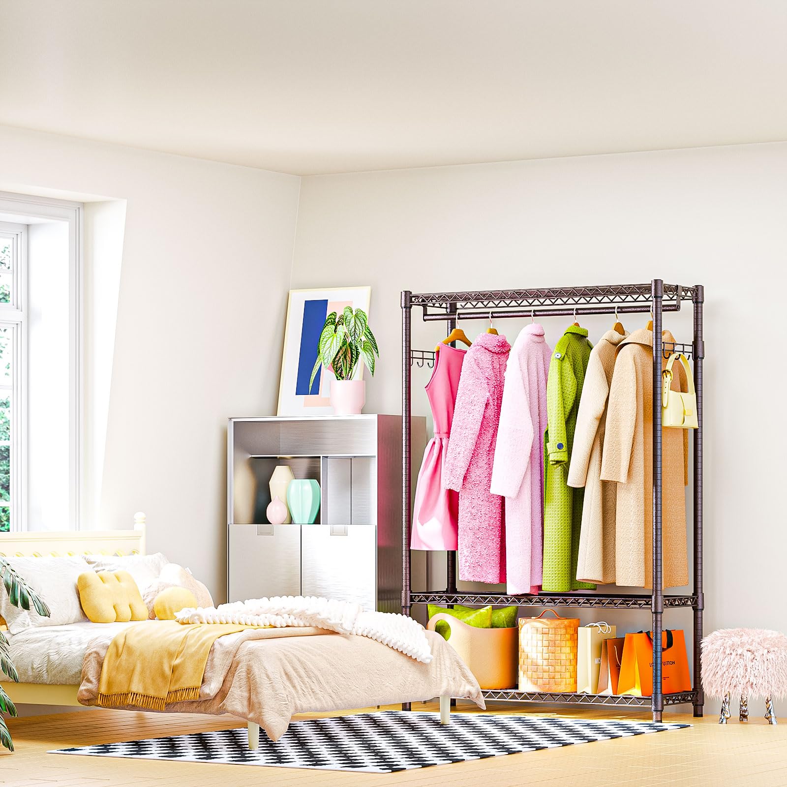 Heavy Duty Rolling Garment Rack 3 Tiers Adjustable Wire Shelving Clothes Rack with 1 Rods and Side Hooks