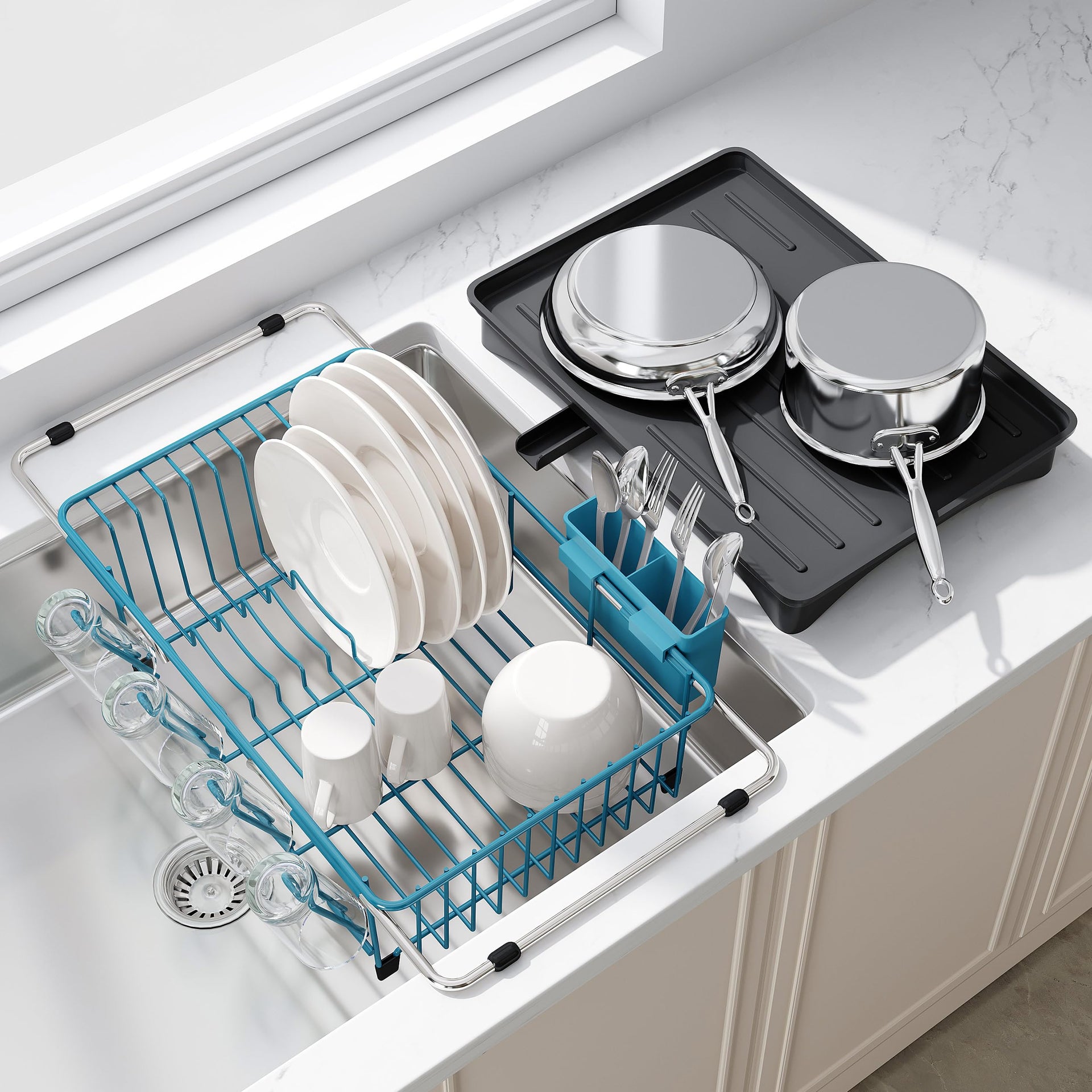 Blue Dish Drying Rack in Sink with Drainboard and Utensil Holder