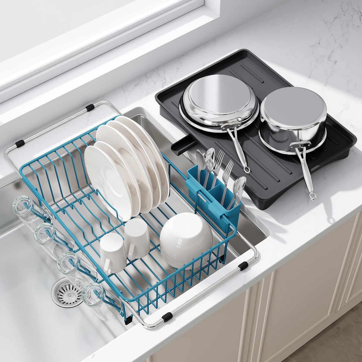 Blue Dish Drying Rack in Sink with Drainboard and Utensil Holder