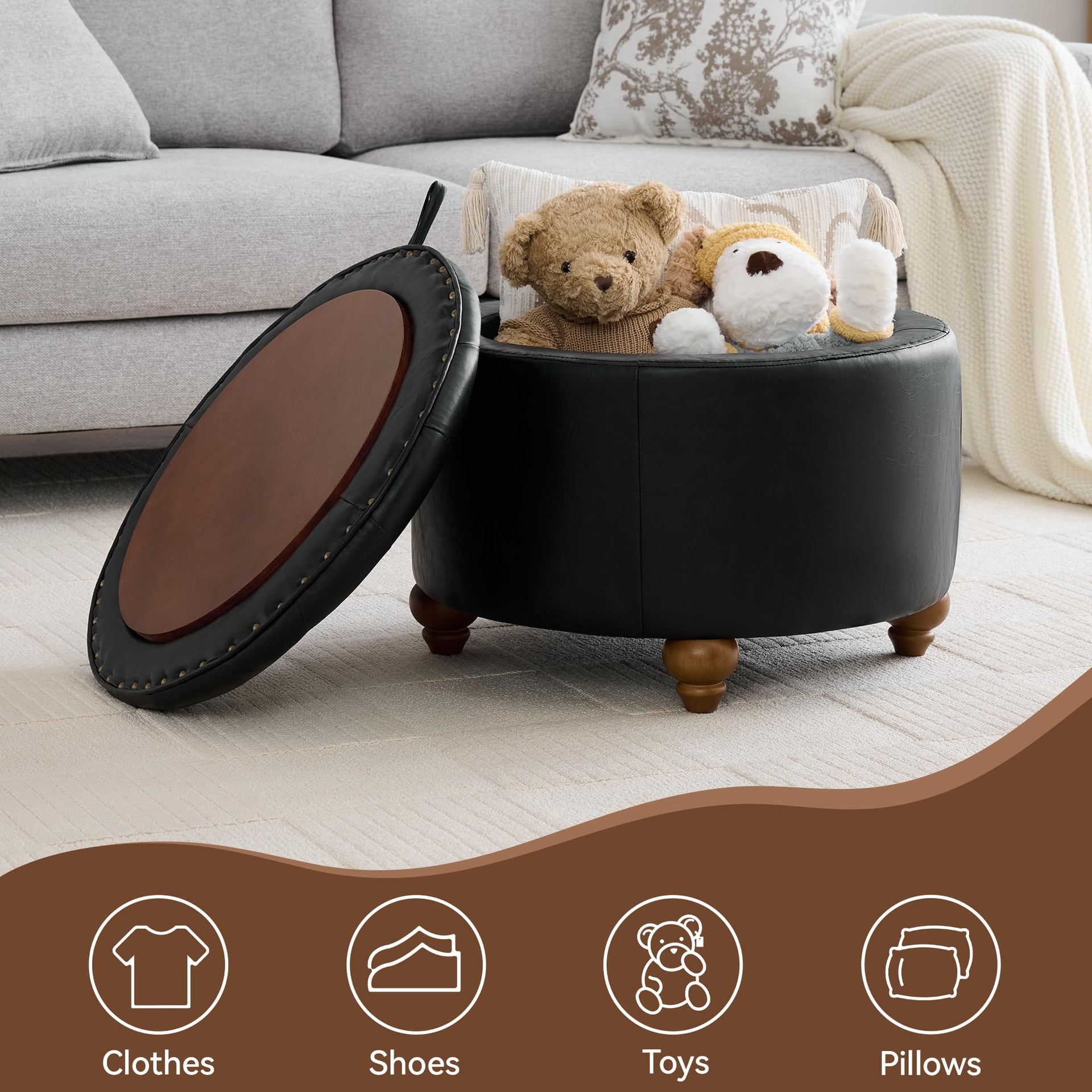 24Inch Round Storage Ottoman with Tray