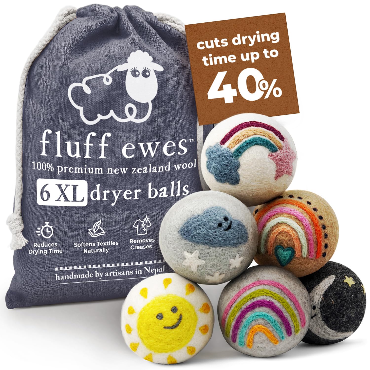 Fluff Ewes Wool Dryer Balls 6 Pack (6 Count)