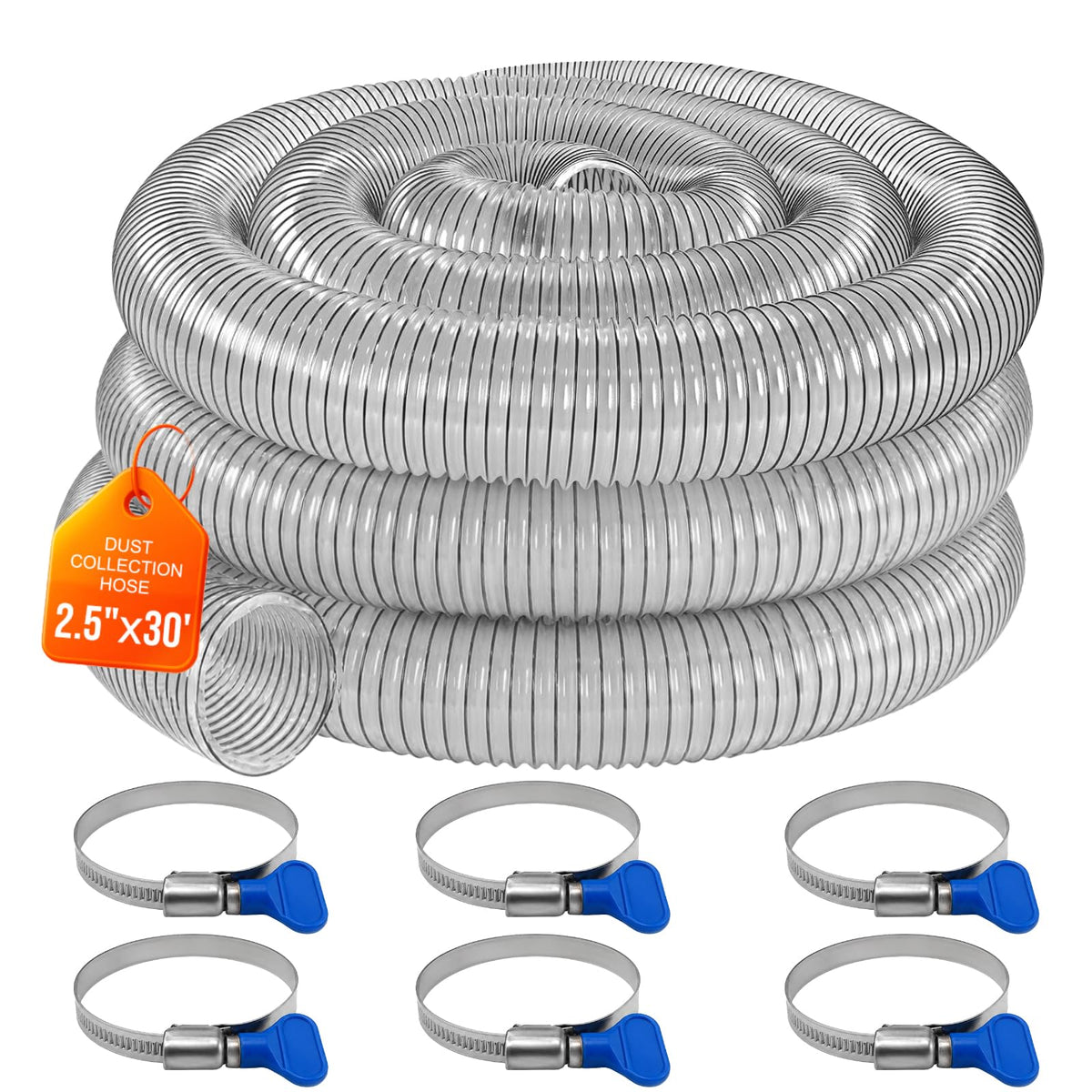 2-1/2"x30' Clear PVC Dust Collection Hose, 2.5 Inch Collection Hose