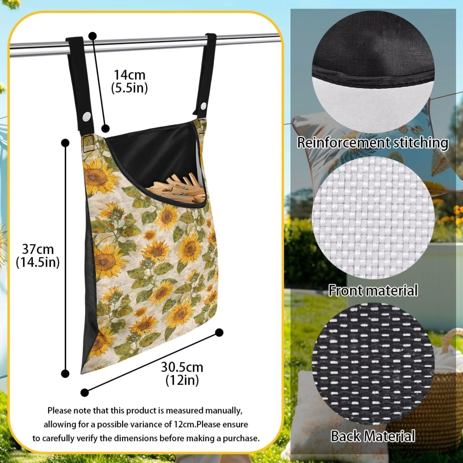 Sunflower Clothespin Organizer Bag Clothespin Bags with Hanging Hook Waterproof Clothes Pin Storage Organizer with Large Opening Clothespin Bag for Clothesline Outdoor