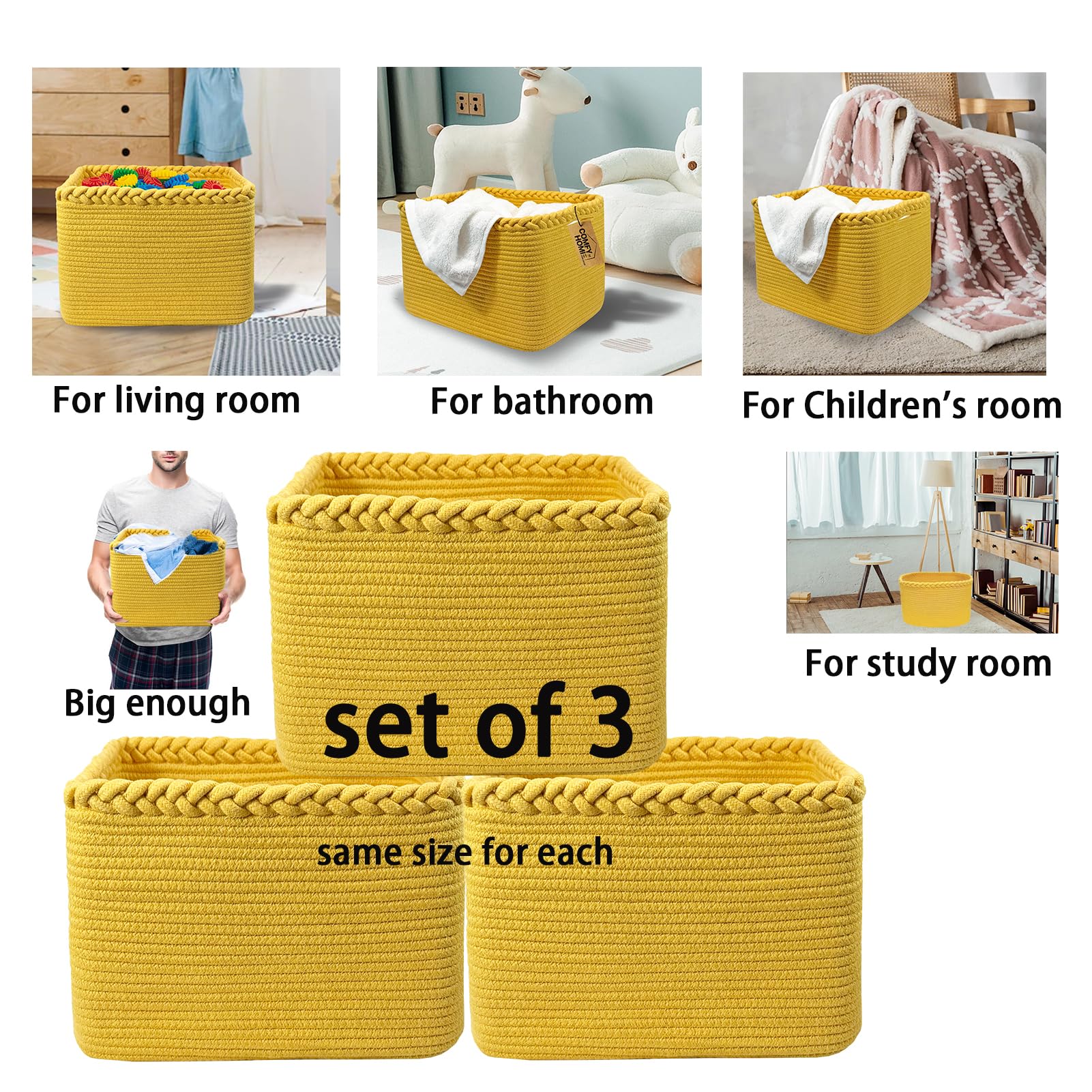 3PACK Cotton Rope Square Basket with Handles for Shelves (3 Count)