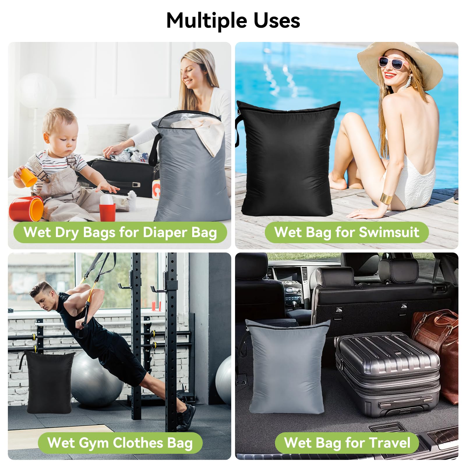 2PCS Large Wet Bag 20x24 inch Waterproof Bag for Swimsuit Reusable Wet Dry Bag With Portable Handle Wet Clothes Storage Gym Bag for Beach Pool Drying do not exceed 176℉ Black & Grey (2 Count)