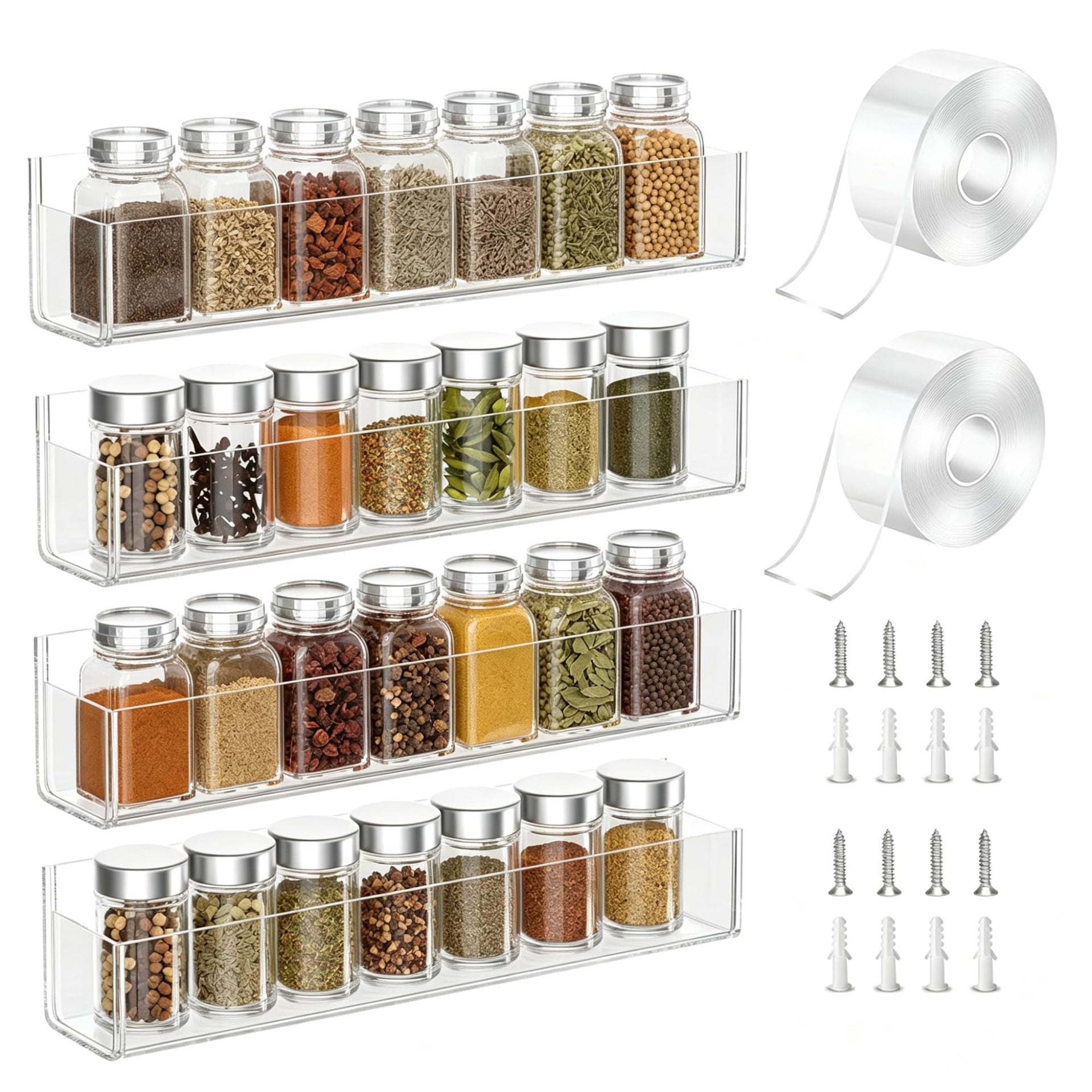 Adhesive Acrylic Spice Rack Organizer for Wall with 2 Nano Double Sided Tape