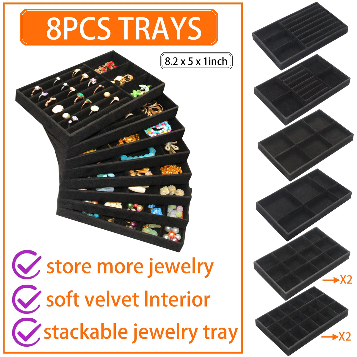 Jewelry Organizer Drawer 8 Set Jewelry Boxes Velvet Jewelry Drawer Organizer Stackable Jewelry Tray for Earring Necklace Display (8 Count)