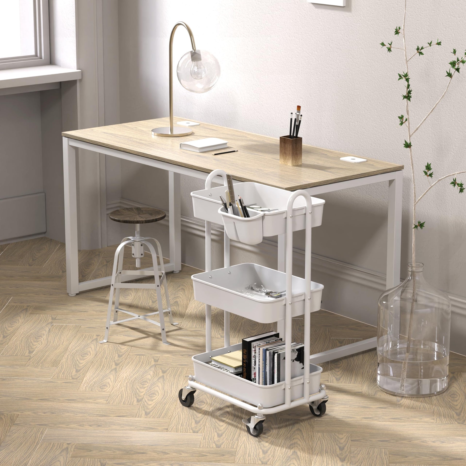 3 Tier Rolling Utility Cart with Hanging Bucket