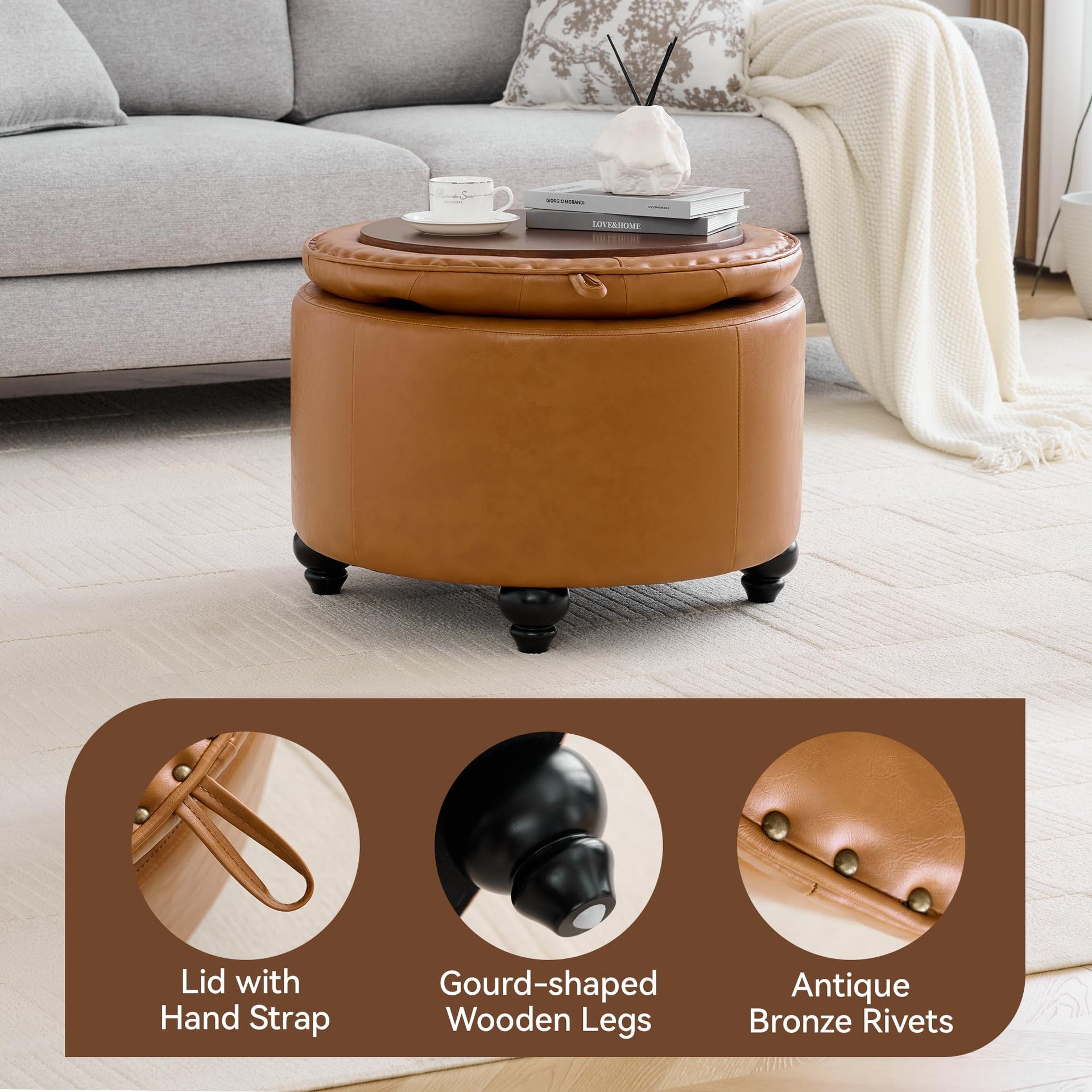 24Inch Round Storage Ottoman with Tray