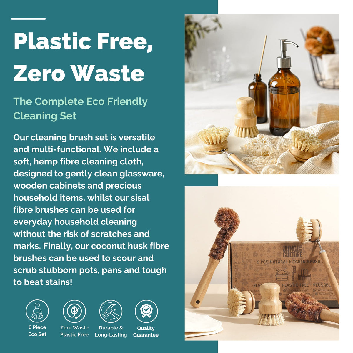 Bamboo Dish Brush Set • 6 Piece with Bottle Brush & Scrubber (6 Count)