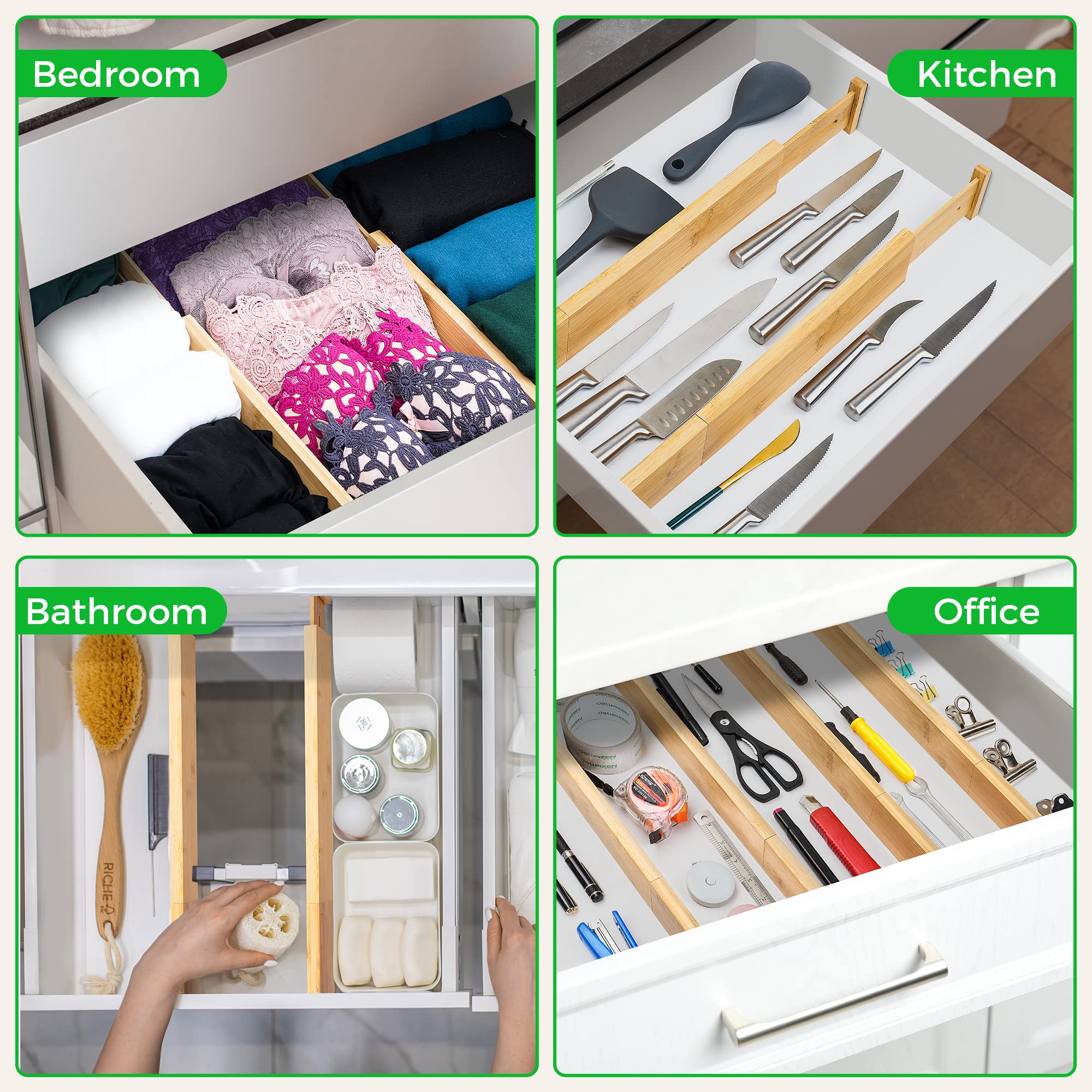 4 Pack Bamboo Drawer Dividers Organizer with Inserts 2.6'' High (4 Count)