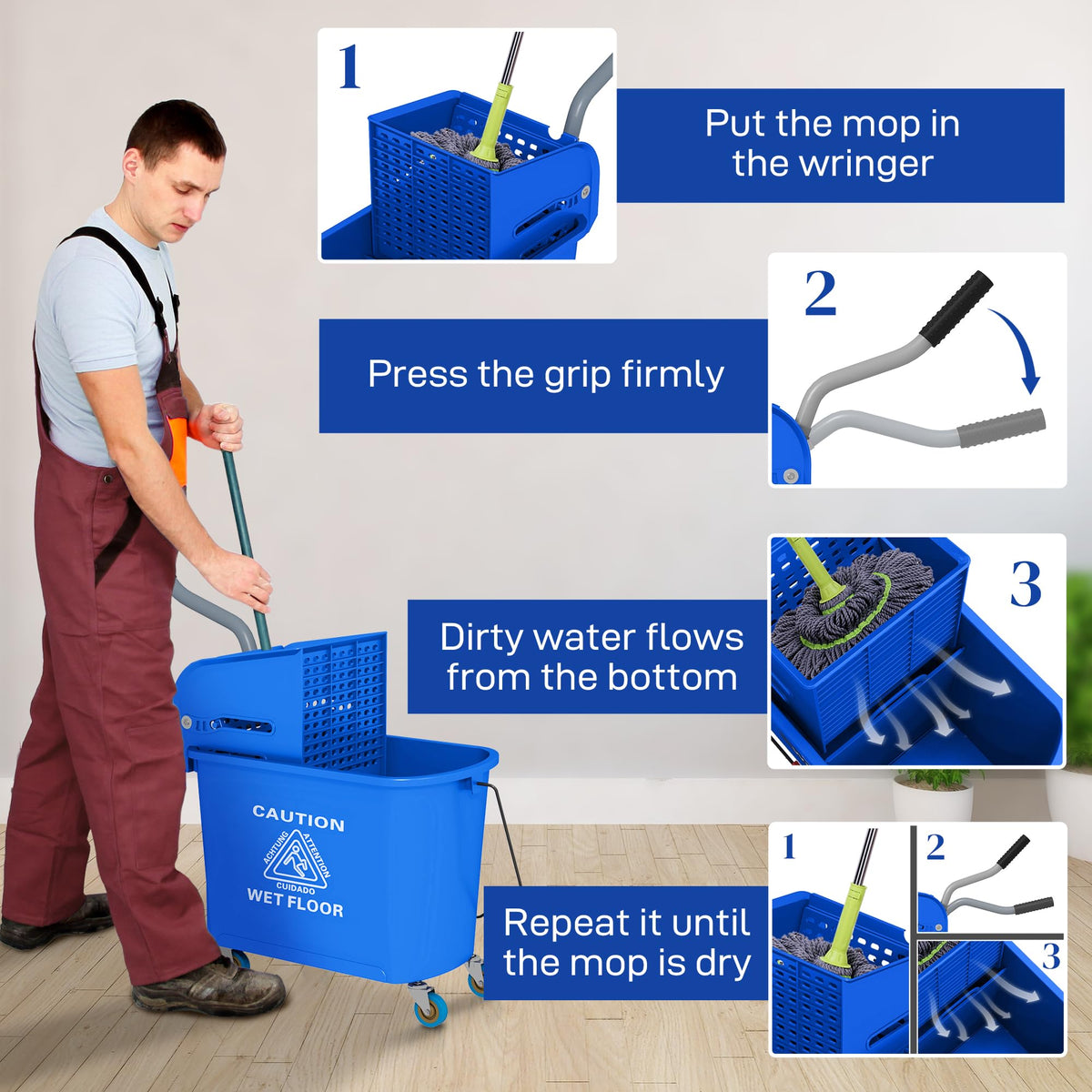Commercial Mop Bucket Side Press Wringer Wheels 21 Quart Blue