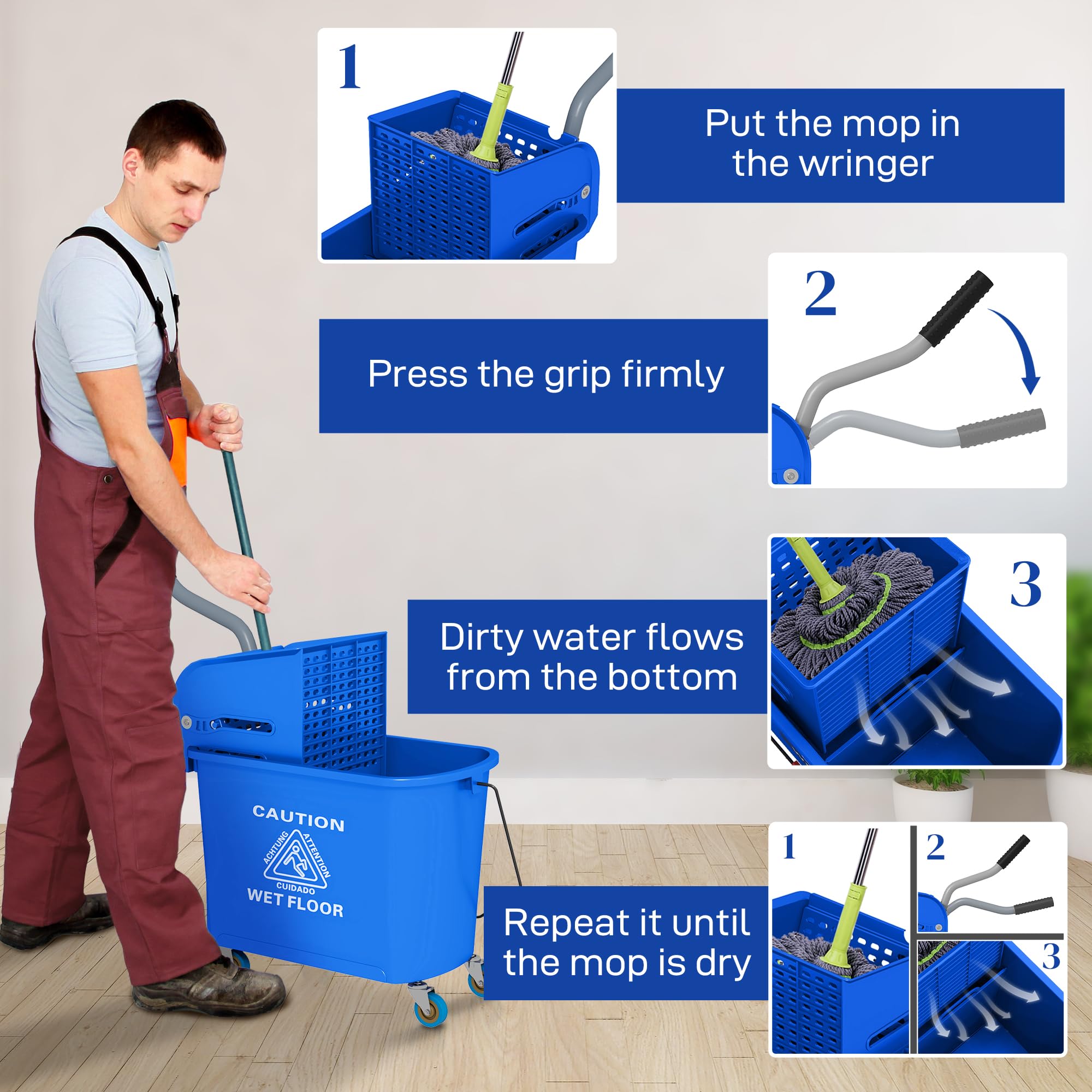Commercial Mop Bucket Side Press Wringer Wheels 21 Quart Blue