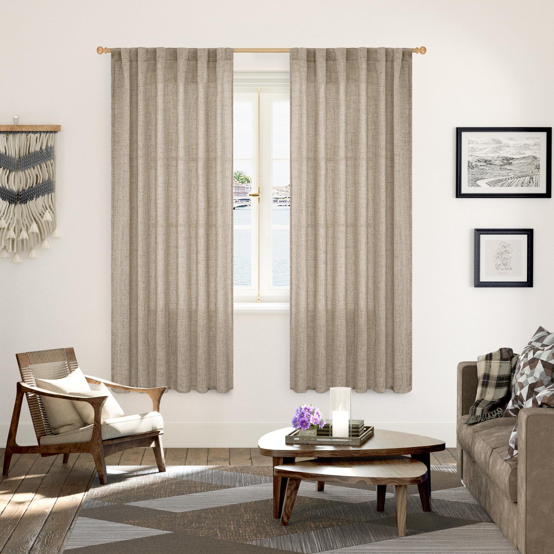 Dark Oatmeal Linen Semi Sheer Curtains 72 Inches Long 2 Panels (2 Count)