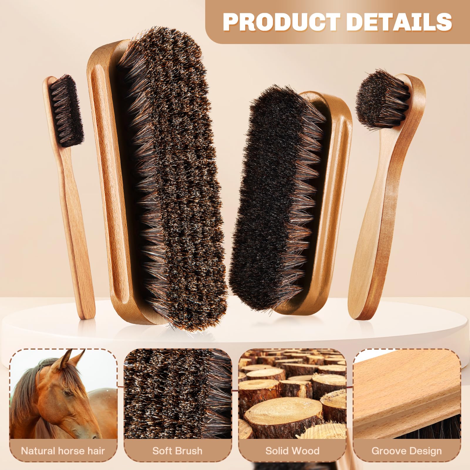 4 Pcs Horsehair Shine Shoes Brush Kit Polish Dauber Applicators Cleaning Leather Shoes Boots Care Brushes Suede Cleaner Brush with Microfiber Shoe Cloth (2.75 Count)
