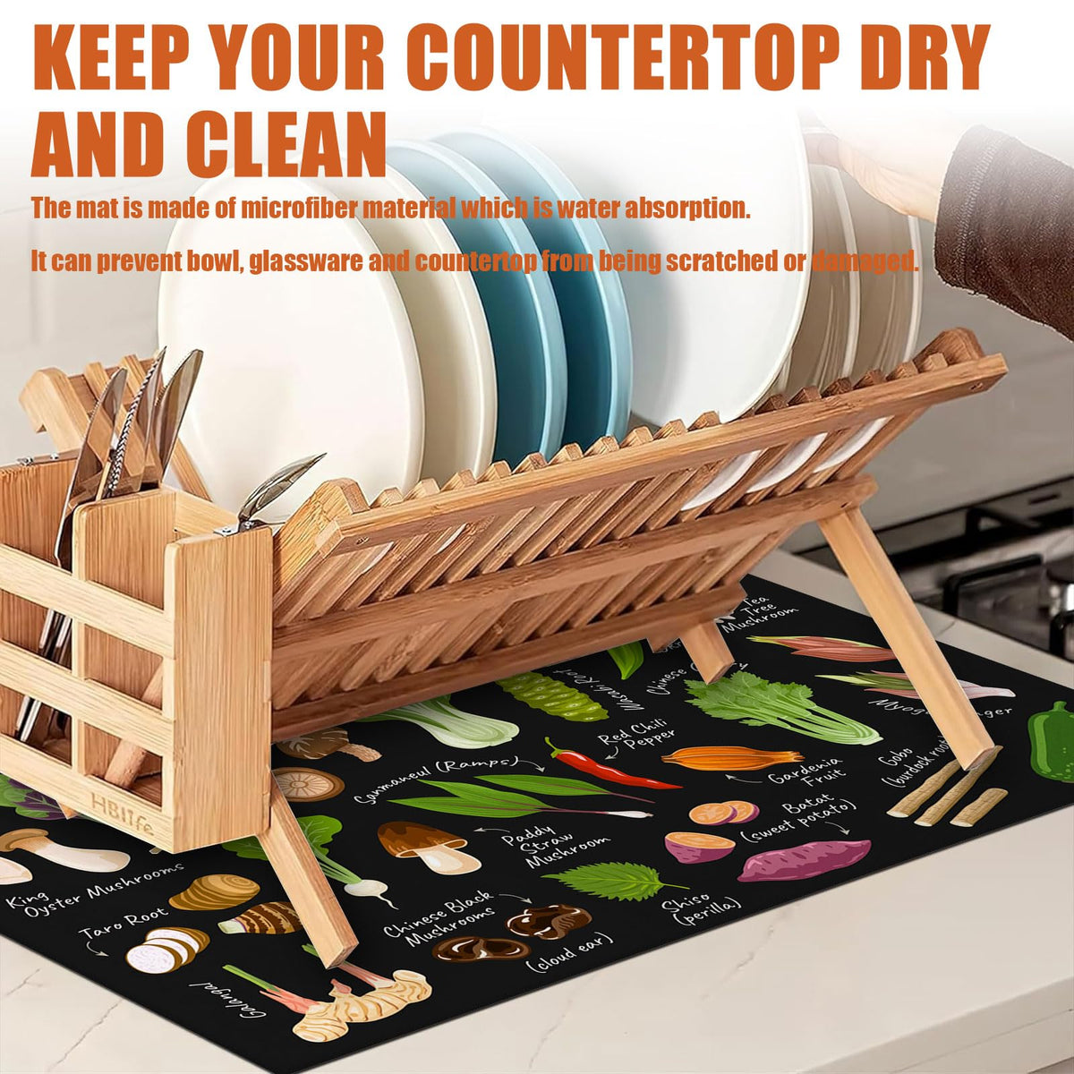 Vegetables Dish Drying Mat for Kitchen Counter Microfiber Absorbent Dish Kitchen Drying Mat Draining Reusable Washable for Dishes
