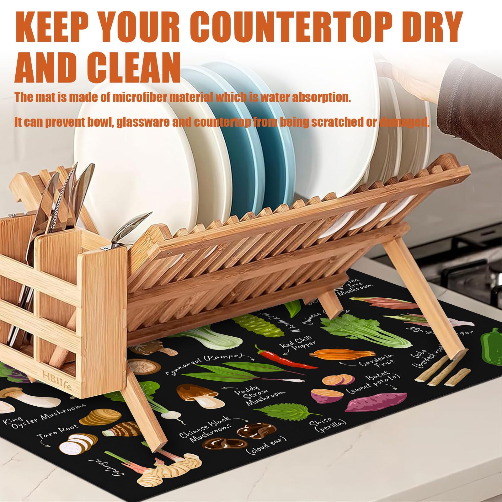 Vegetables Dish Drying Mat for Kitchen Counter Microfiber Absorbent Dish Kitchen Drying Mat Draining Reusable Washable for Dishes