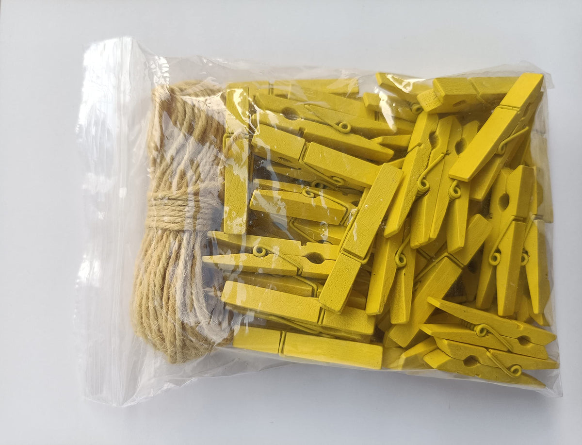 1.9" Yellow Wood Clothes Pins Easter Party Art Display Hanging Kit Place Card Holder Clothespin with Jute Rope Pack 50 (50 Count)