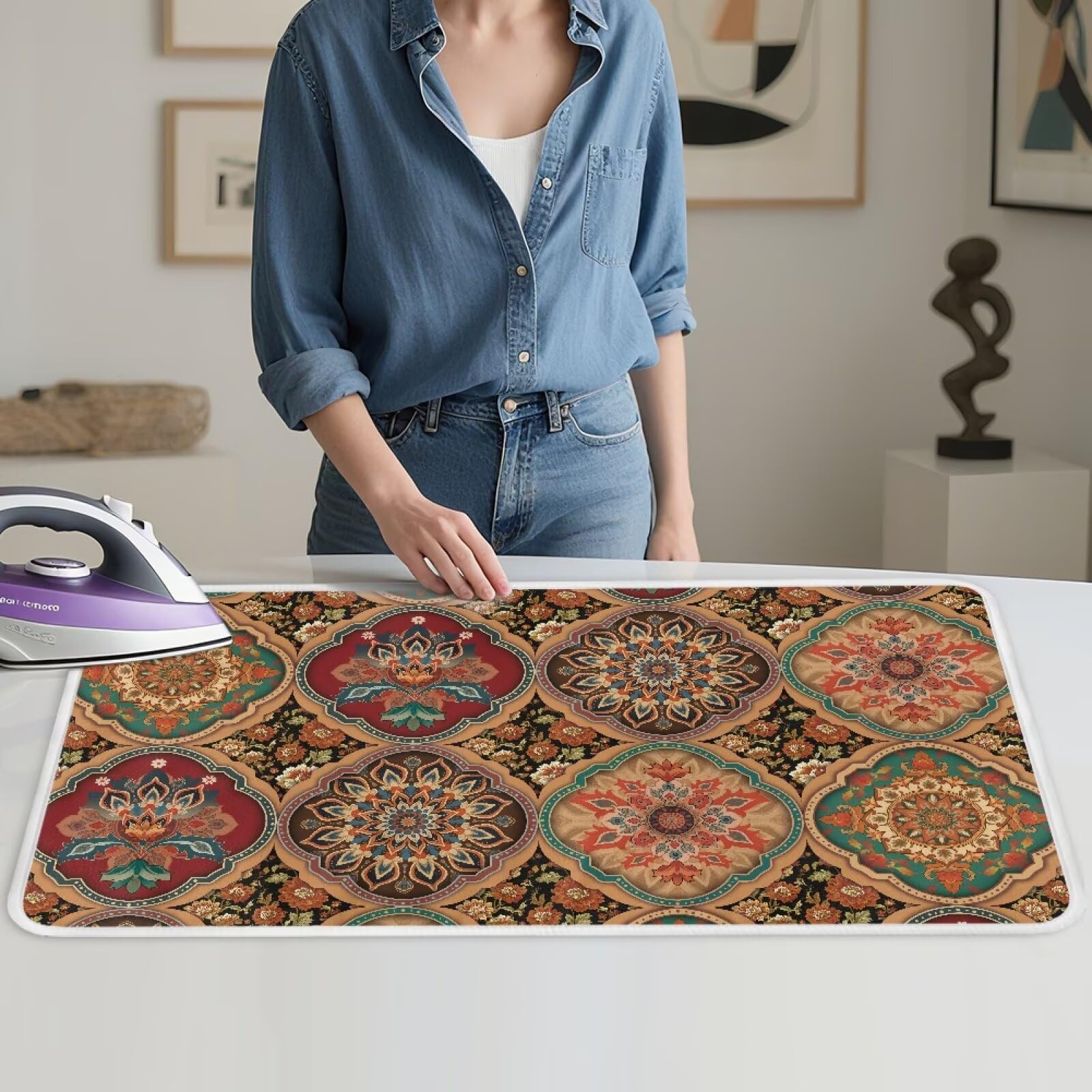 Folding Ironing Mat Heat and Steam Resistant Mandala Ironing Pad 32 x 16 Inch Foldable Iron Mat for Table Top Washer