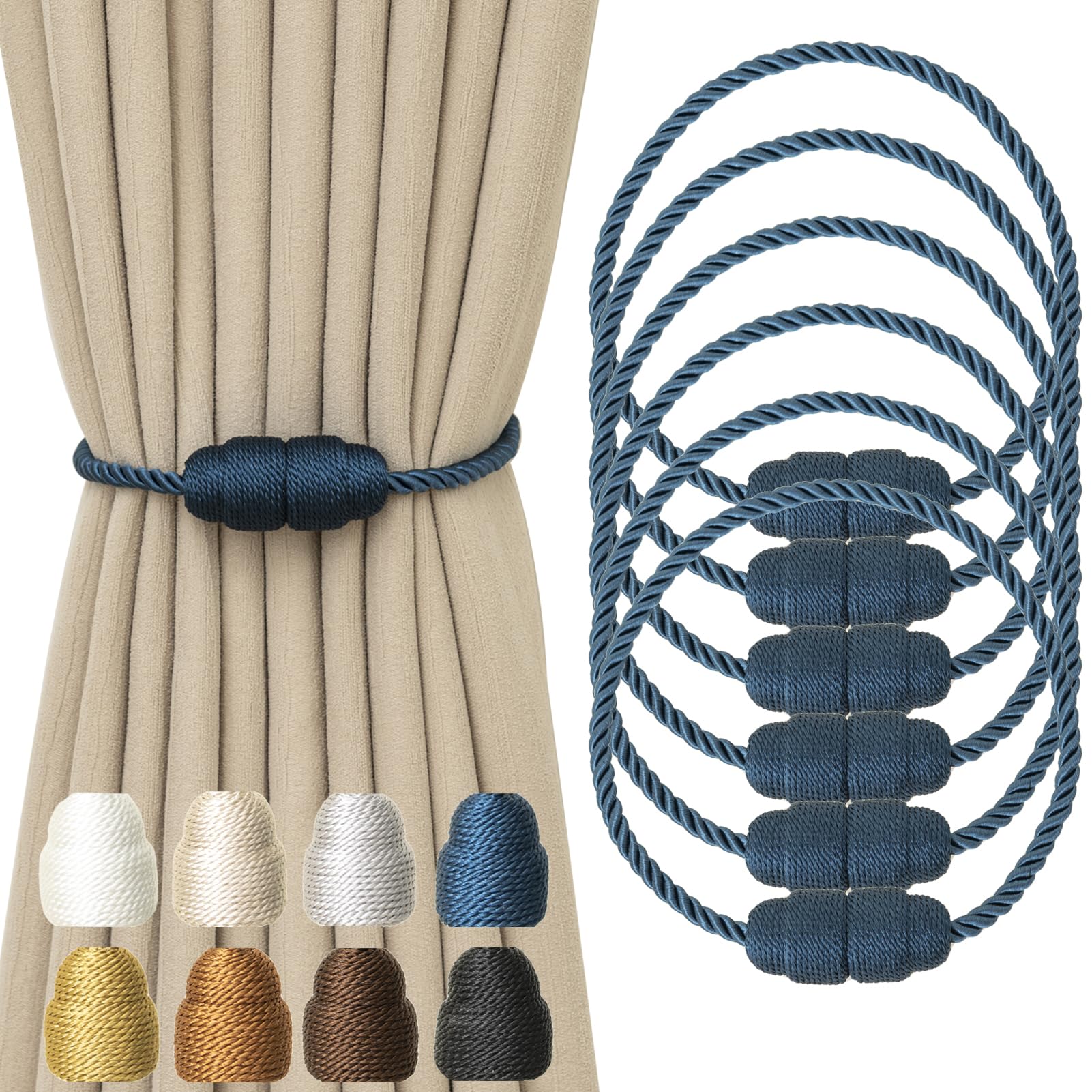 Magnetic Curtain Tiebacks Rope Curtain Tie Backs for Curtains 6 Pack Curtain Holders for Drapes Decorative Window Curtain Holdbacks (6 Count)