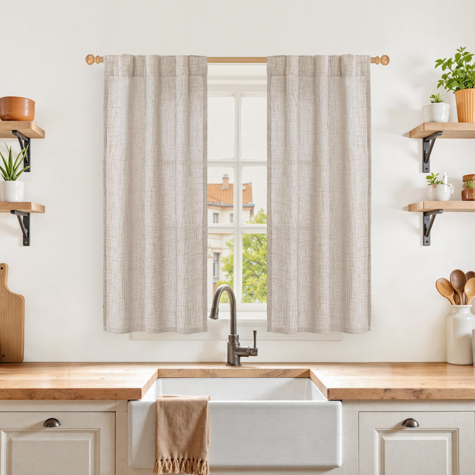 Natural Linen Curtains 48 Inch Length for Kitchen Window (2 Count)