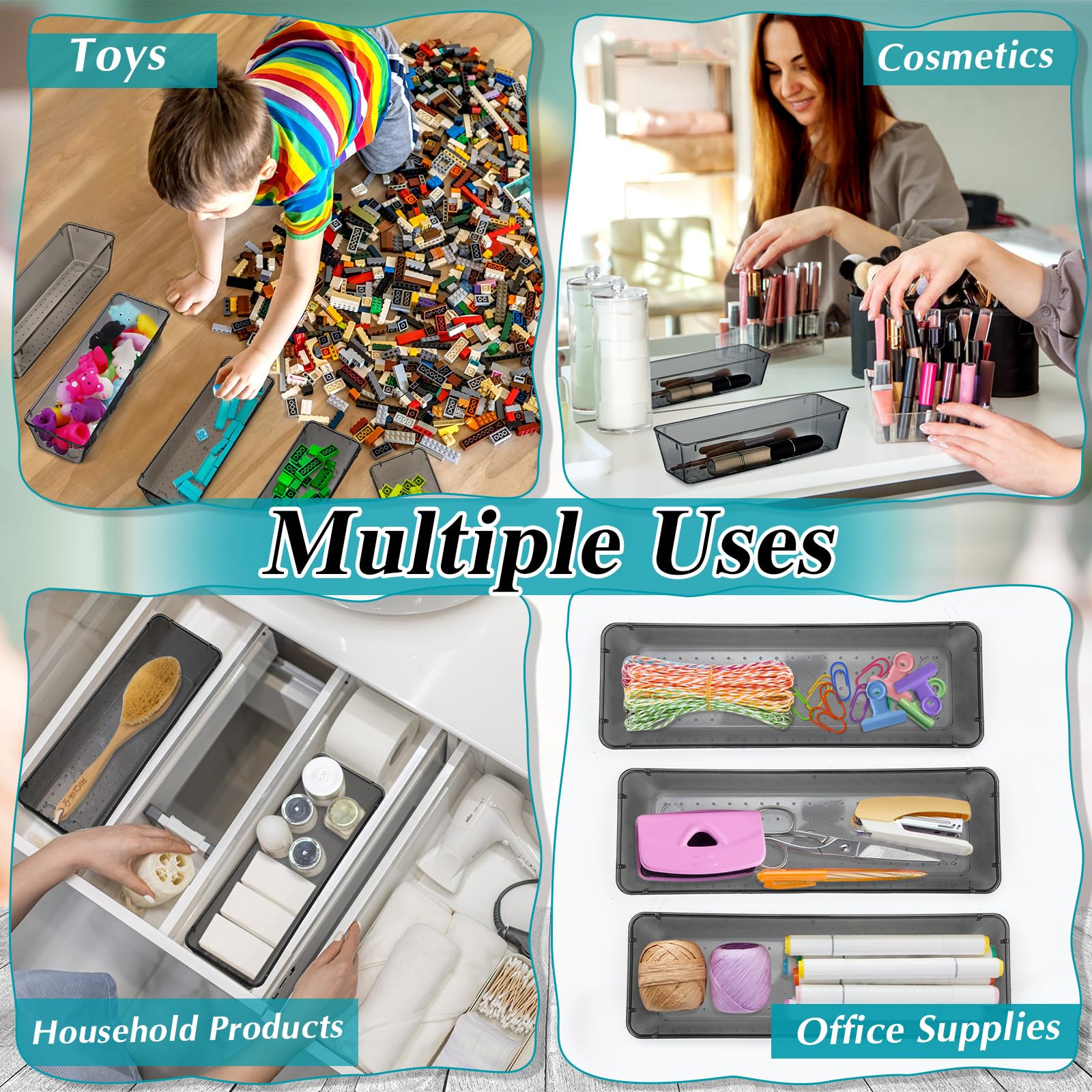 12 Pcs Clear Drawer Organizer 9 x 3 x 2 Inches Plastic Rectangle Trays Makeup Vanity Storage Bins and Kitchen Drawers Dividers for Office Desk Silverware Kitchen Utensils (12 Count)