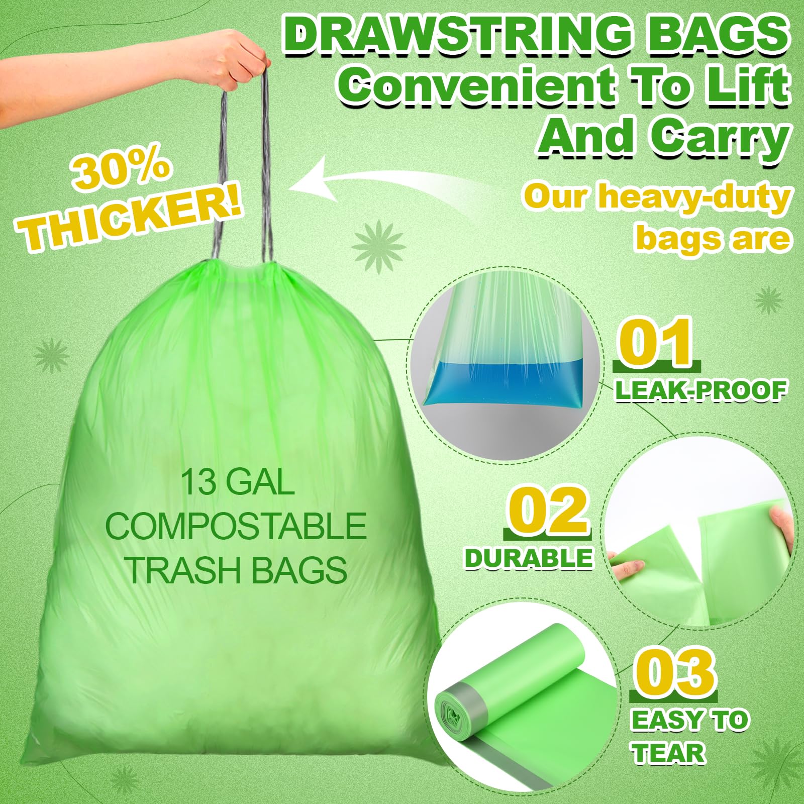 200 Count 13 Gallon Compostable Trash Bags with Drawstring Tall Kitchen Food Scrap Waste Bag Heavy Duty Extra Thick 1 Mil Tear Resistant for Lawn Yard Home Kitchen Office (10 Count)