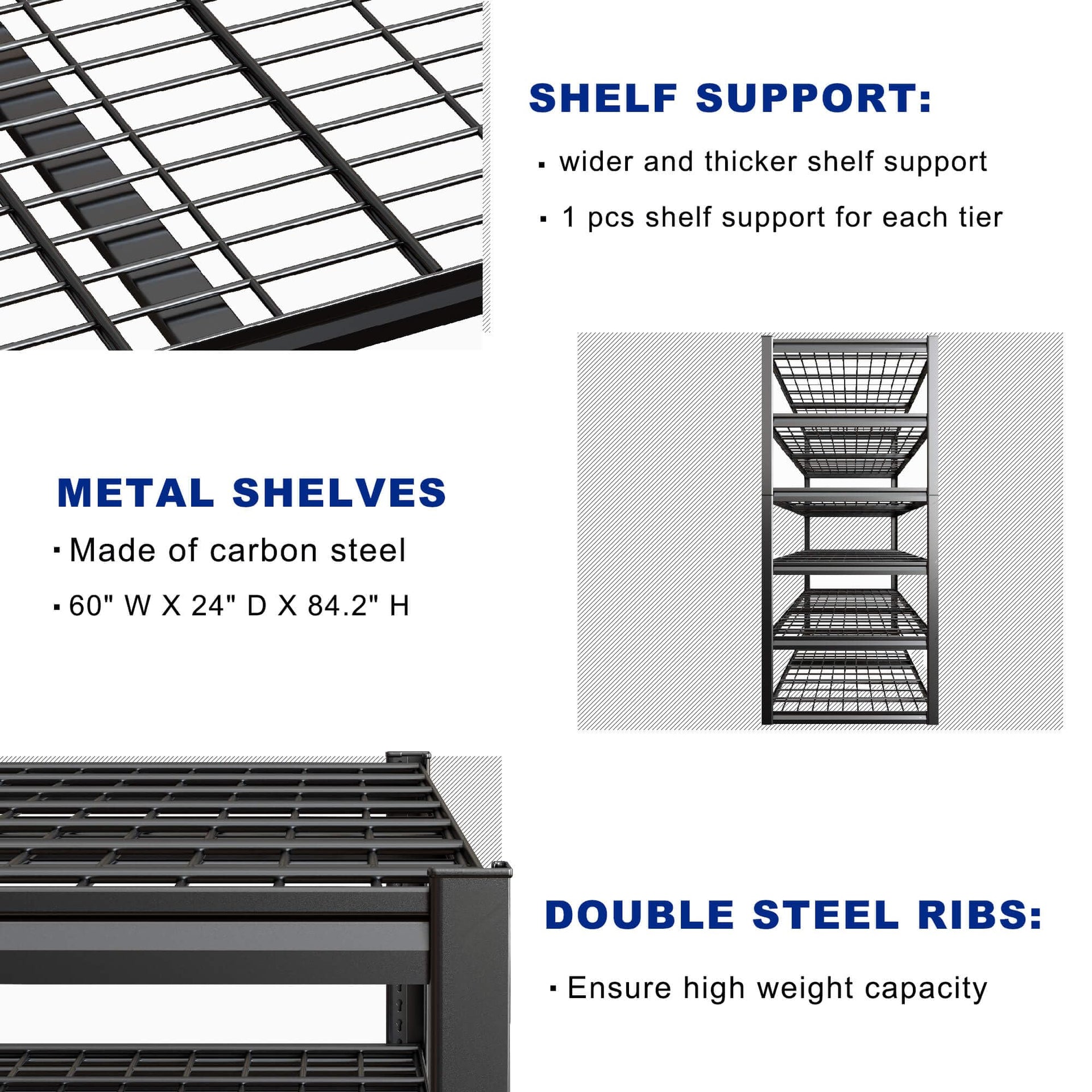 60" Wide Heavy Duty Garage Shelving Adjustable 6 Tier Garage Storage Shelves 3900LBS Metal Shelving Unit Industrial Utility Shelf
