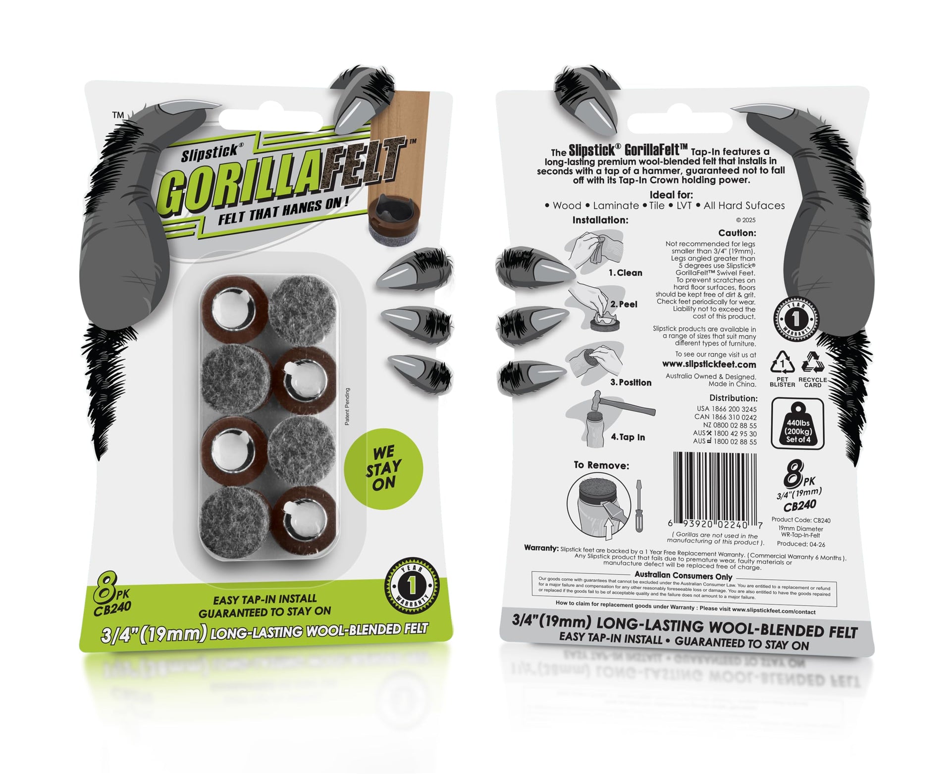 GorillaFelt CB240 Chair Leg Floor Protectors (8 Count)