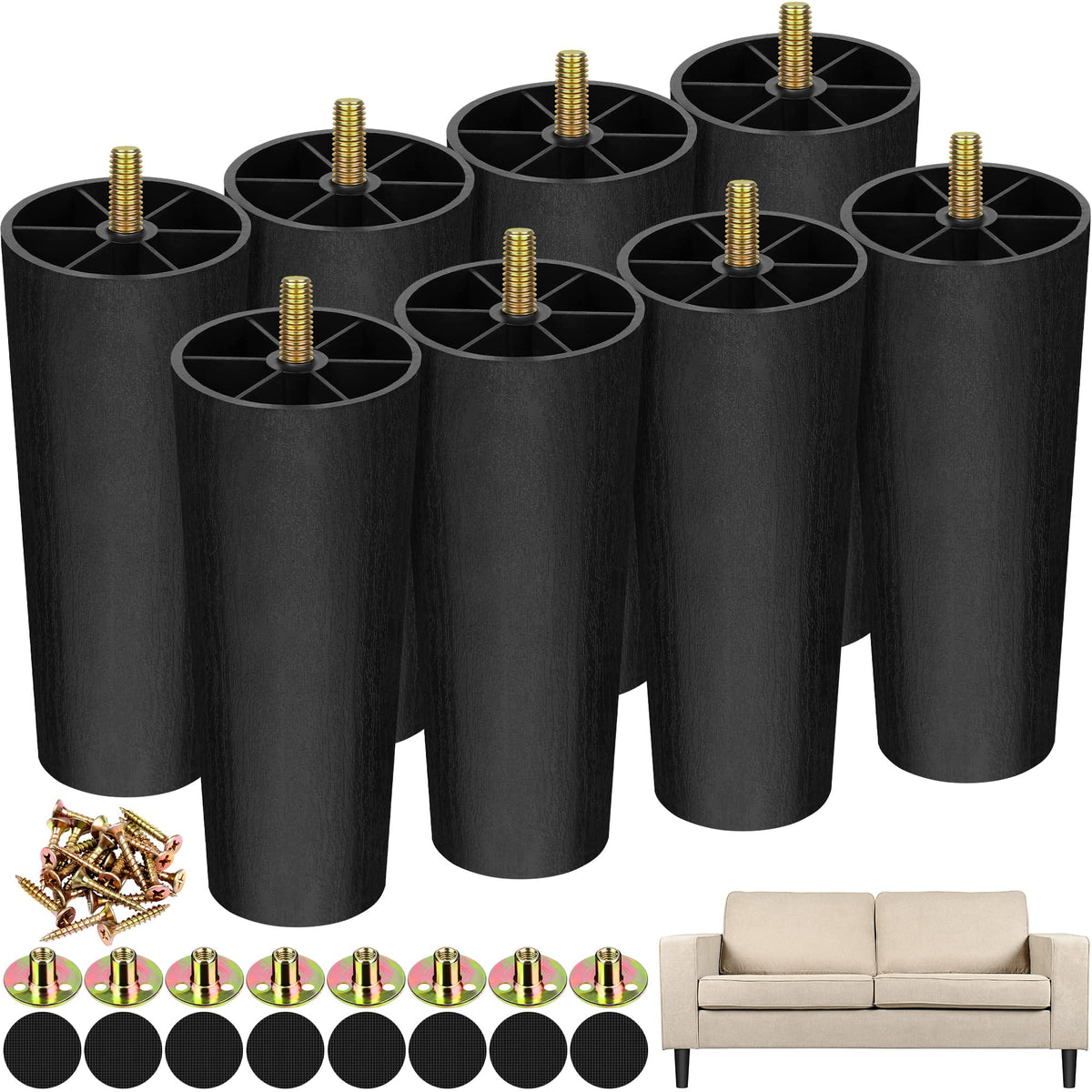 8 Pack 6 Inch Plastic Furniture Legs with M8 T (8 Count)
