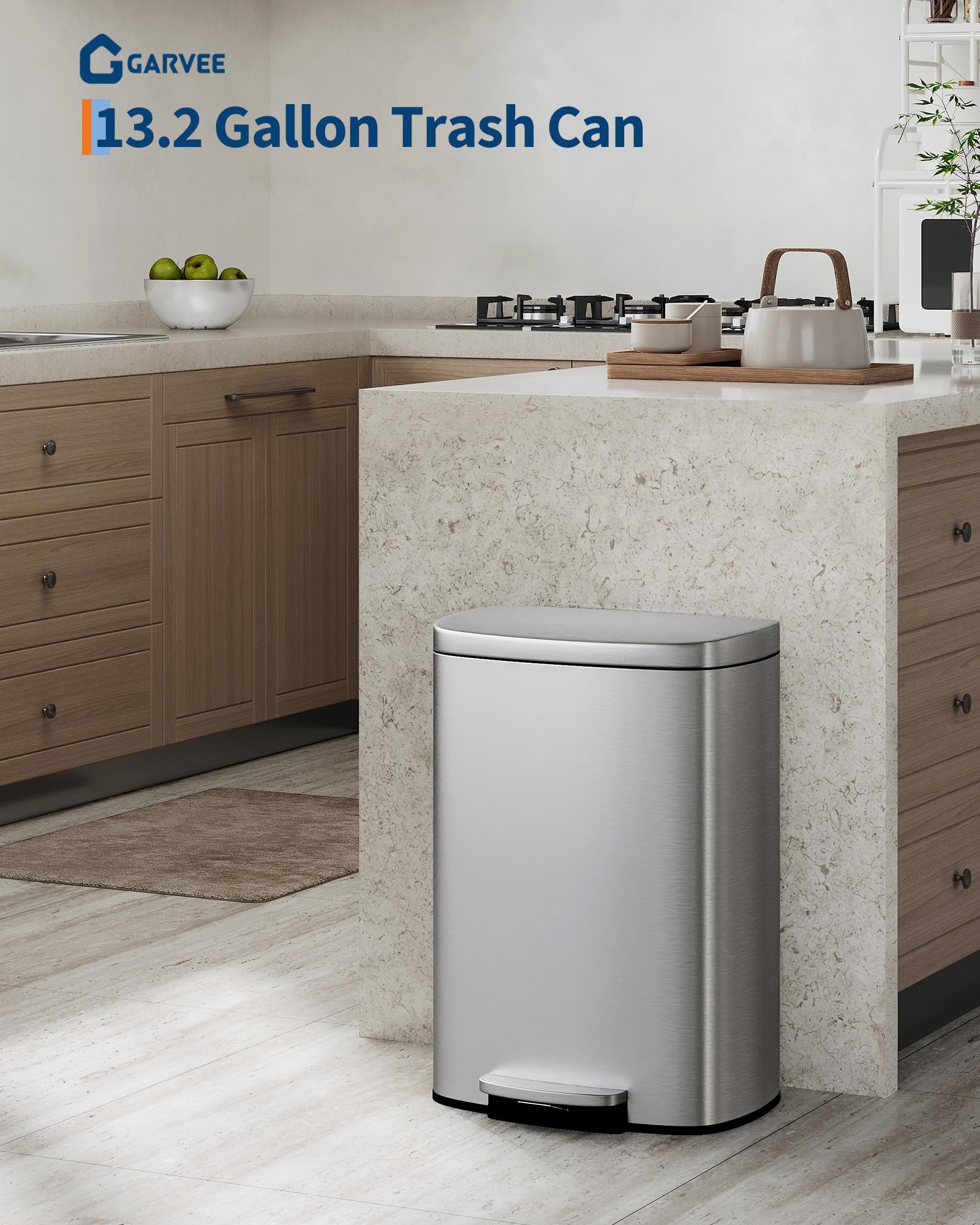 13 gal (50 L) and 2.6 gal (10 L) Stainless Steel Trash Can Combo Set, Rustproof Garbage Can with Lid for Kitchen and Bathroom, Step-on Trash Bin with Inner Bucket, Rear Handle, Silver
