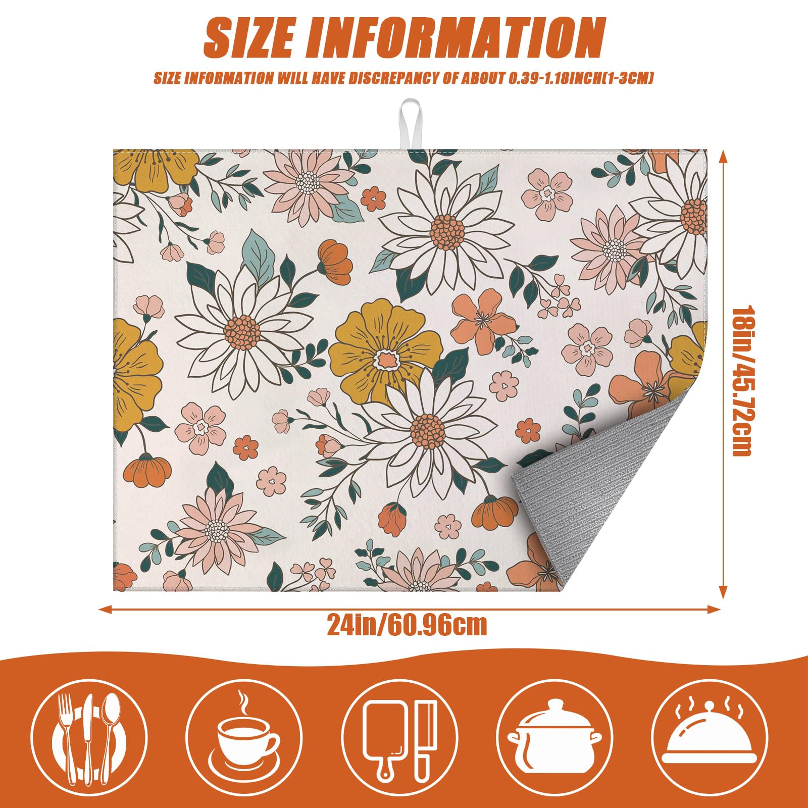 Boho Flower Dish Drying Mat for Kitchen Counter Microfiber Absorbent Dish Kitchen Drying Mat Draining Reusable Washable for Dishes