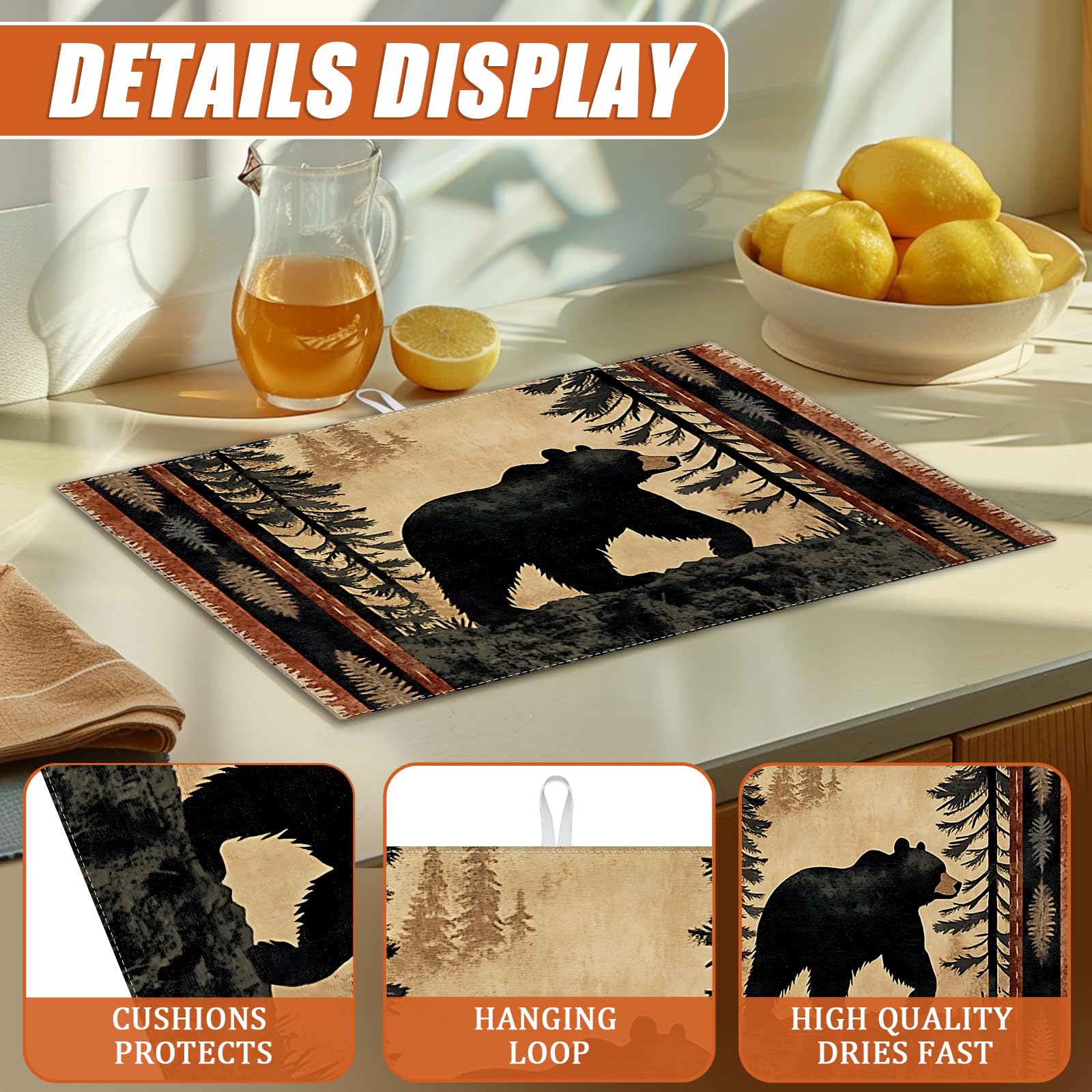 Forest Bear Dish Drying Mat for Kitchen Counter Microfiber Absorbent Dish Kitchen Drying Mat Draining Reusable Washable for Dishes