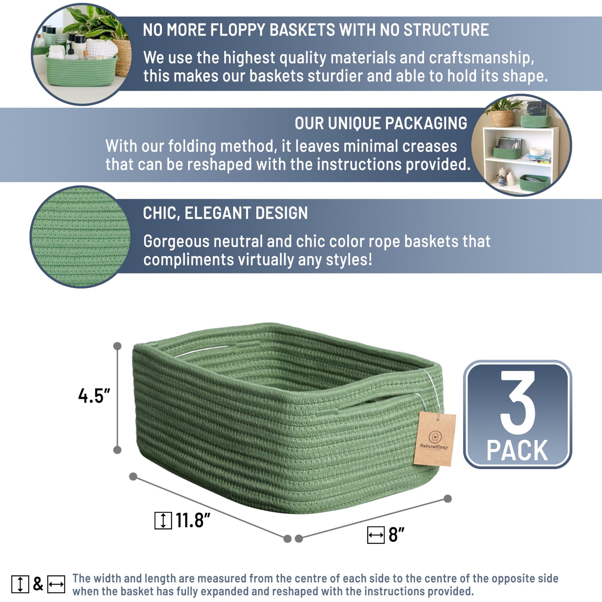 11.8"x8"x4.5” Rectangle Storage Baskets for Shelves 3 Pack (3 Count)