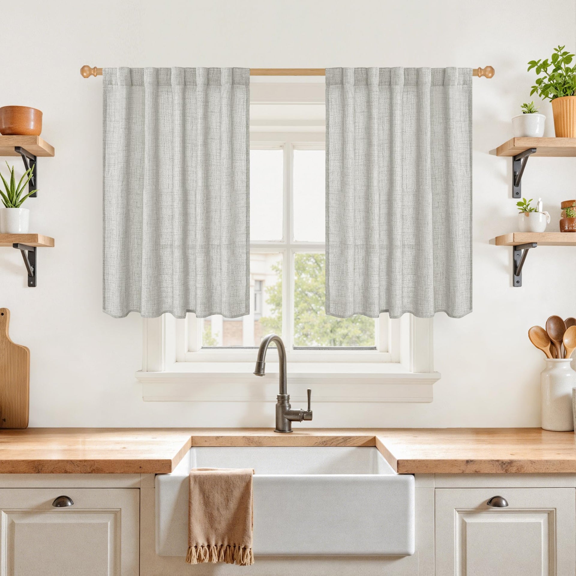 Light Grey Linen Curtains 36 Inch Length for Kitchen Cafe Window (2 Count)