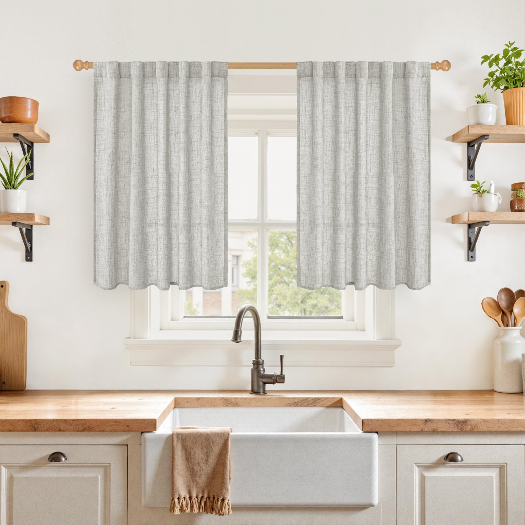 Light Grey Linen Curtains 36 Inch Length for Kitchen Cafe Window (2 Count)