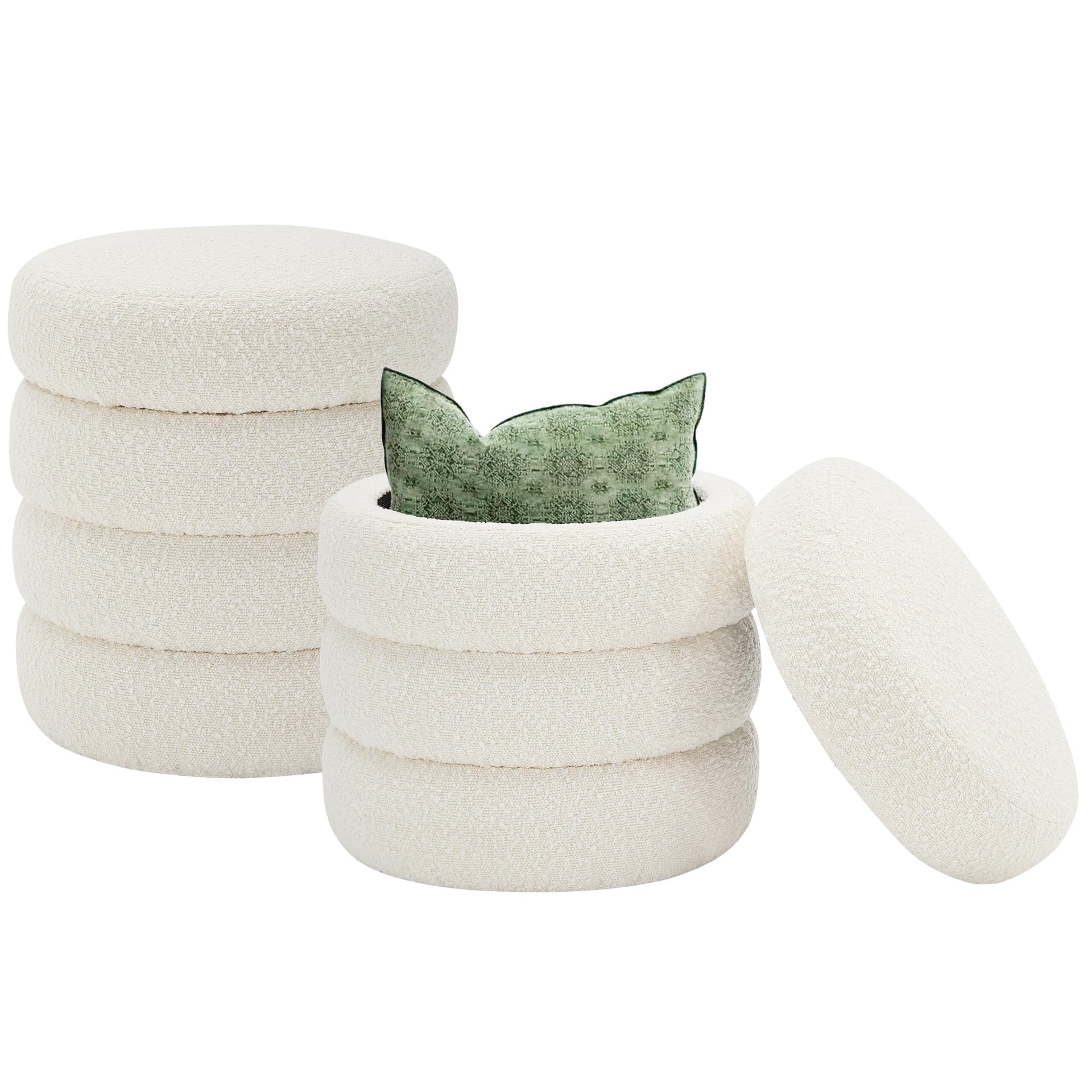 Round Ottoman with Storage Boucle Ottoman (2 Count)