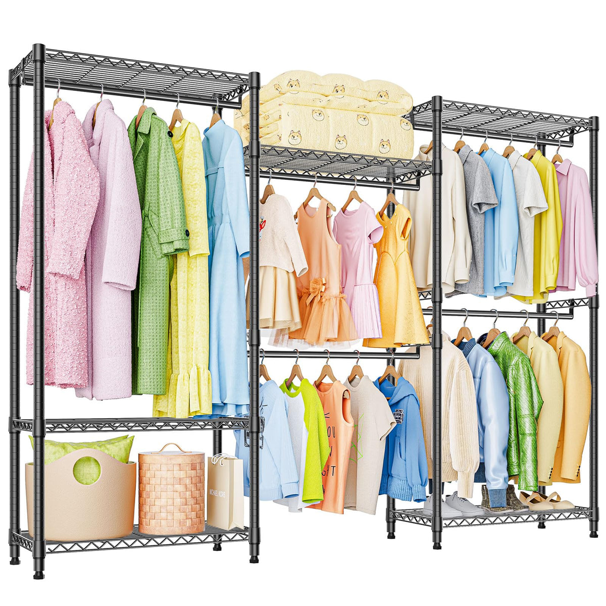 Heavy Duty Rolling Garment Rack 6 Tiers Adjustable Wire Shelving Clothes Rack with Rods Storage Closet Clothing Rack Black 15.7" D x 70.8" W x 76.5" H