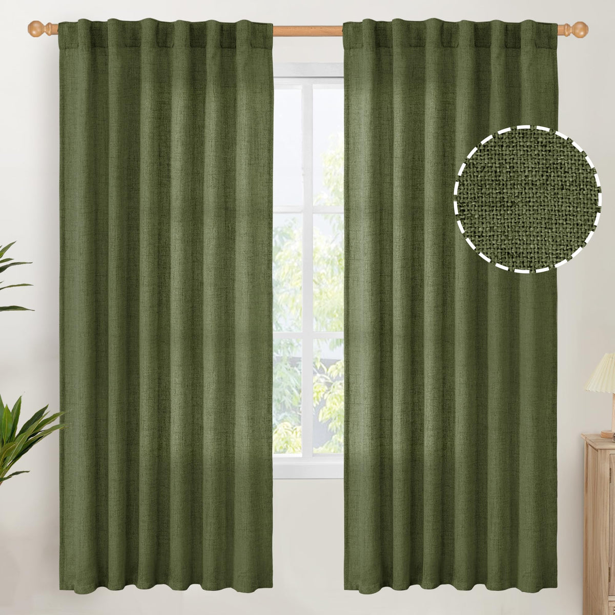 Olive Green Linen Semi Sheer Curtains 72 Inch Length for Living Room (2 Count)